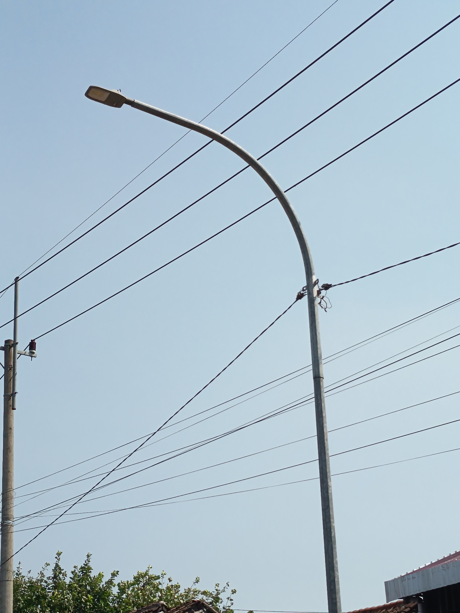 This is a medium shot, eye-level, vertical photograph of a street light and overhead wires against a clear sky. The street light, a gray metal pole with a curved arm, is positioned to the right of the frame. At the end of the curved arm is a modern, rectangular street lamp. Multiple black electrical wires are strung across the frame, some passing over the street light and others beneath it. To the left of the street light, a section of another, thinner utility pole with a ceramic insulator and wire is visible. In the lower portion of the frame, the tops of green trees and a tiled roof of a building are present. The scene is likely outdoors in a city or town.