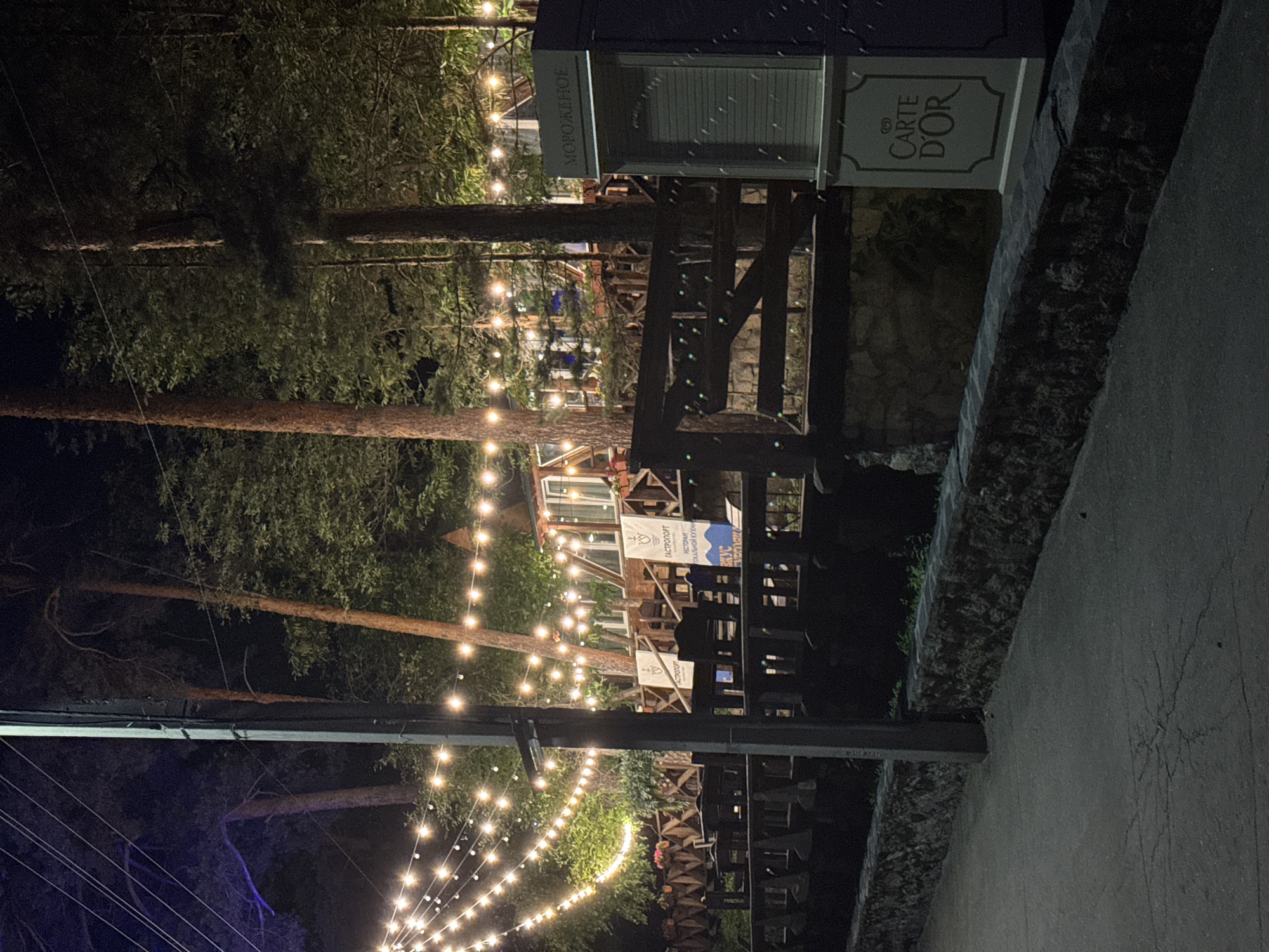 The image depicts an outdoor seating area of a restaurant at night, located in Zolotoi Plyazh, Russia. The scene is illuminated by numerous string lights draped across trees and the restaurant's facade. The restaurant itself appears to be a multi-story wooden structure with large windows. There is outdoor wooden furniture, including tables and chairs, arranged on a deck or patio area. A stone wall runs along the foreground, bordering a paved walkway. To the right, a kiosk-like structure with signage is visible, including the brand "Carte d'Or" and Russian text that appears to indicate "Ice Cream" and "Restaurant". The environment is heavily wooded, with tall trees surrounding the establishment. No people are visible in the image.