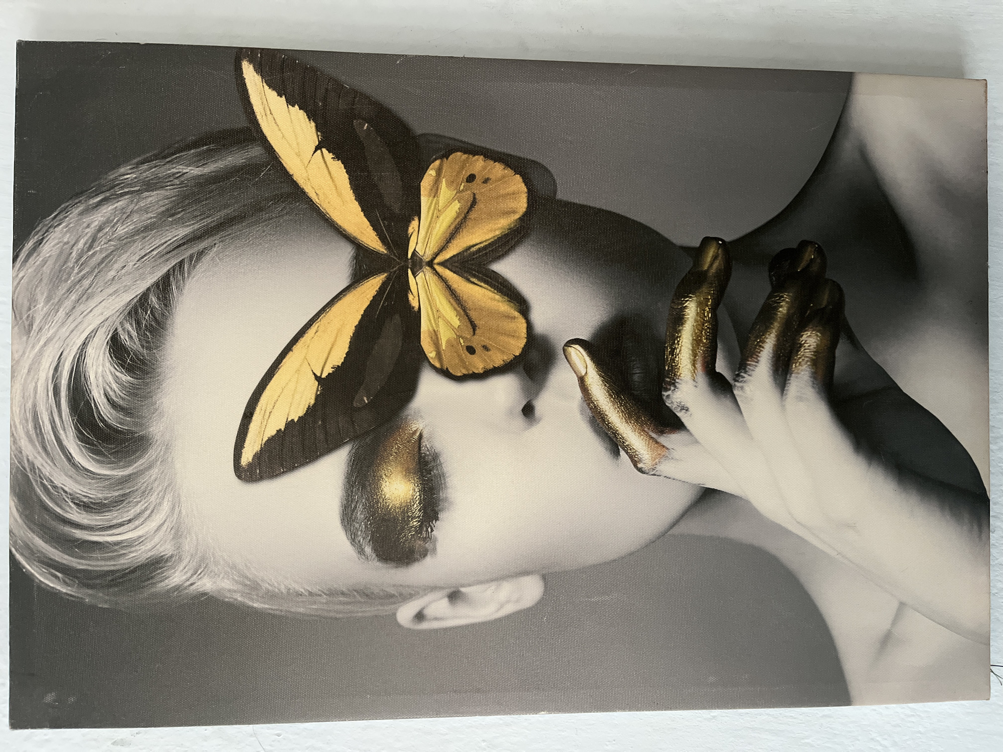 The image is a close-up of a framed artwork. The artwork features a black and white portrait of a person with blond hair. A gold and black butterfly covers the subject's eyes. The person's hand is also present in the frame, with the fingers painted gold. The image background is white. There are no indications of the location of Varna, Bulgaria.