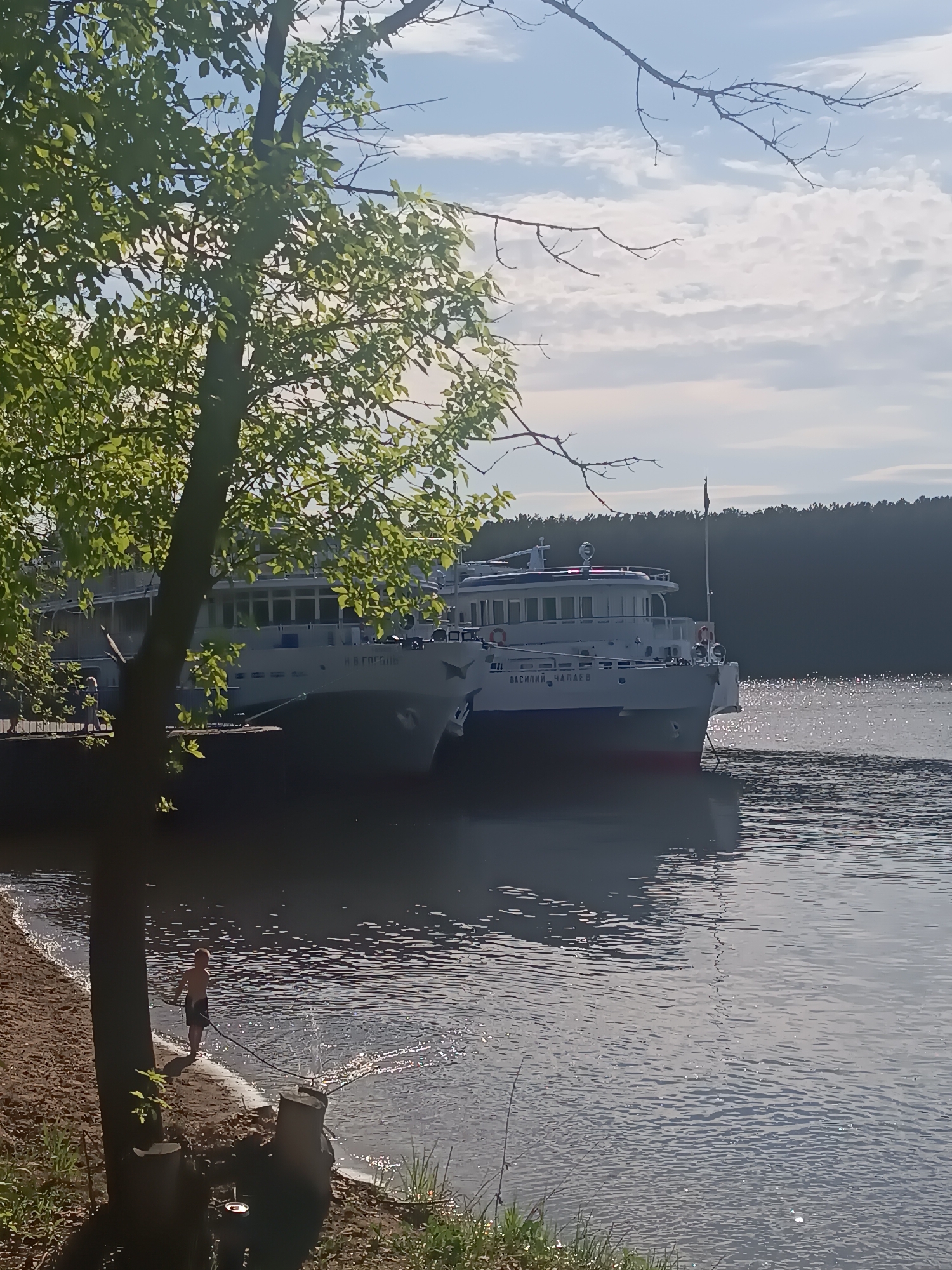 The image depicts a shoreline in Chaikovsky, Russia, with two docked ships labeled "N.V. Gogol" and "Vasiliy Chapaev". A young boy stands near the water's edge, potentially fishing or playing. The environment includes trees, a beach, and reflective water with a forested horizon. The sky is partly cloudy.