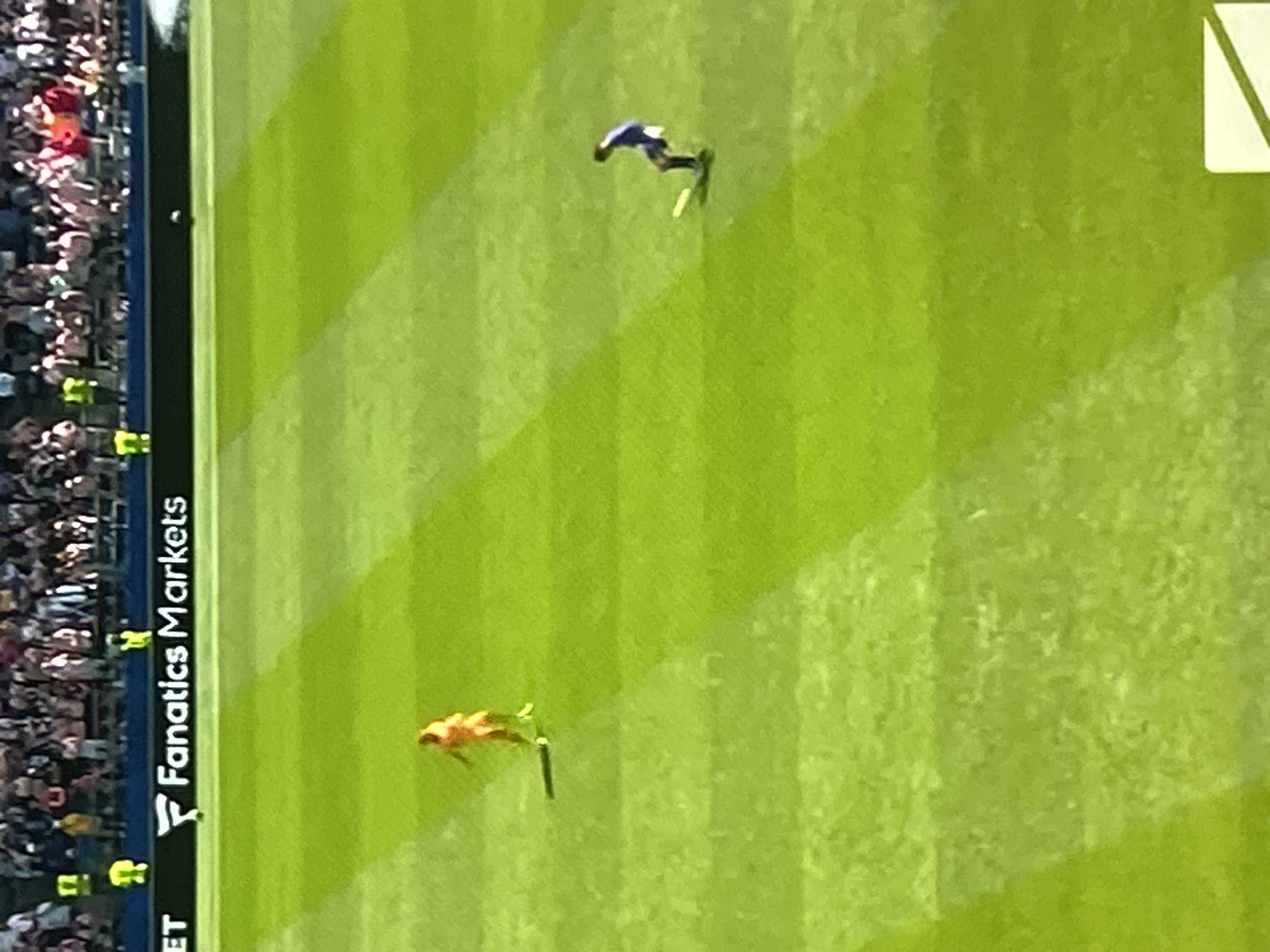 An outdoor, high-angle, full shot shows a bright green, mowed grass field with light green diagonal stripes. In the background, a blurred crowd of spectators watches a sporting event from stadium seating. A dark blue banner with white text and a white logo is visible across the top of the field. A black, oval-shaped object, possibly a ball, is in motion on the grass in the mid-ground. Two figures are on the field. To the left, a person in an orange uniform, possibly a soccer player, stands with their back to the viewer. To the right, a person in a dark blue uniform, also possibly a soccer player, is in motion and appears to be kicking something on the ground. The lighting suggests a daytime event.