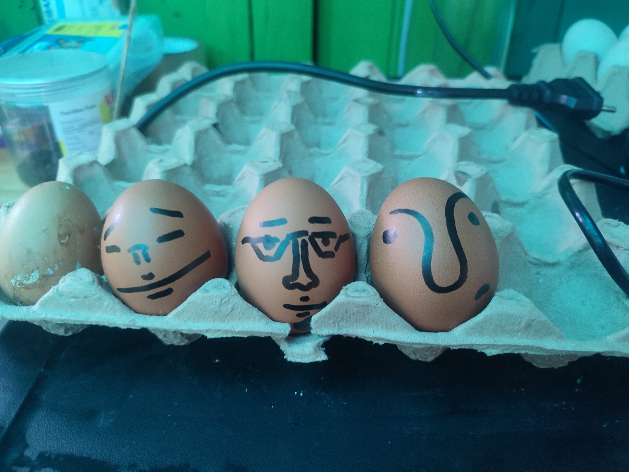 The image shows four eggs in a carton. Each egg has a face drawn on it with a black marker, with varying designs. The setting is somewhat cluttered, with various objects and containers visible in the background, suggesting an indoor location, possibly a kitchen or workspace. The presence of a power cable further supports the indoor setting. There's no clear evidence to confirm it's in Cam Ly - Da Lat, Vietnam.