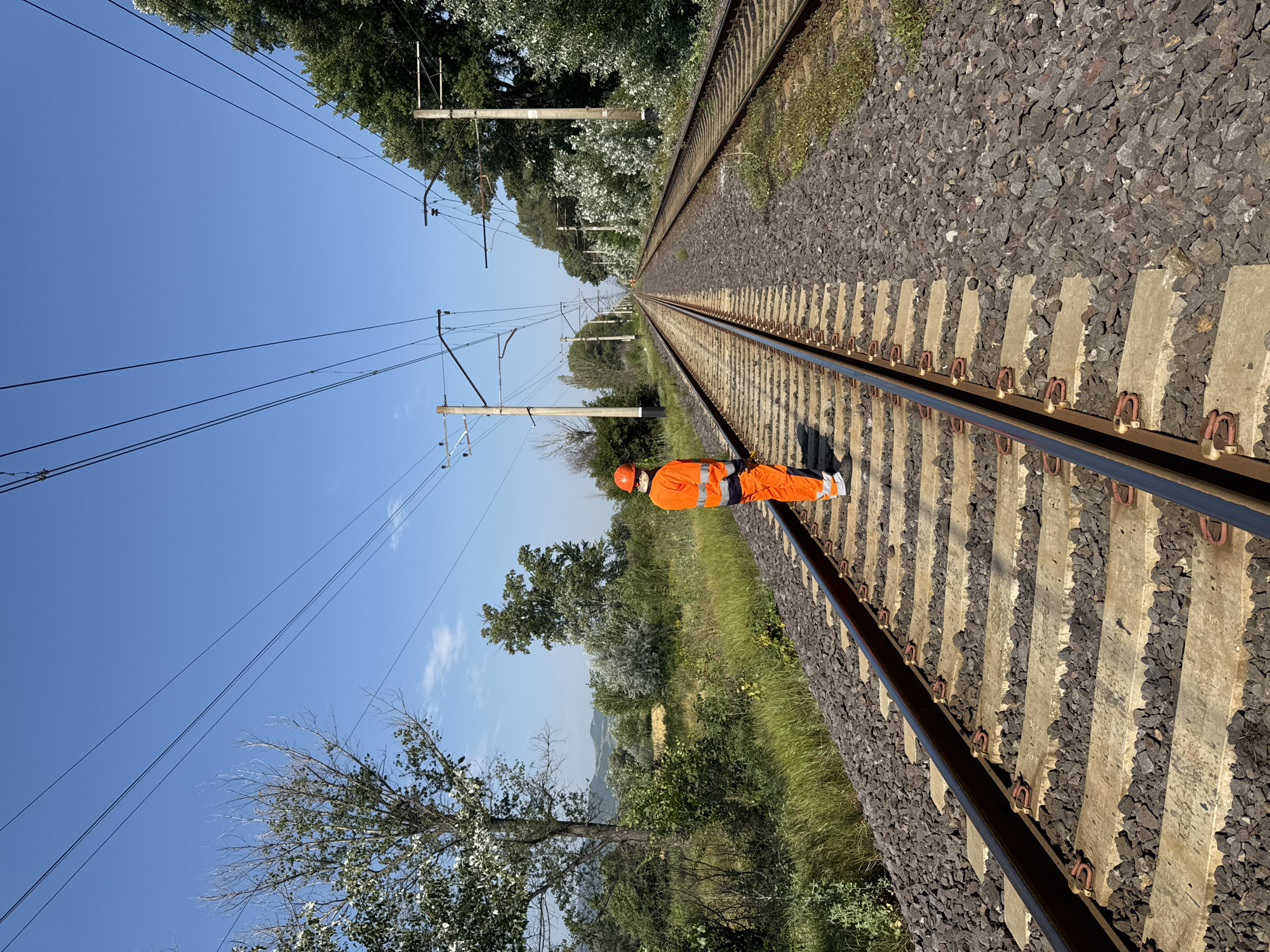 The image shows a person wearing an orange uniform and a hard hat standing on a railway track. The railway tracks extend into the distance, flanked by vegetation and trees. Overhead power lines are visible against a clear blue sky. The scene appears to be in a rural area, likely Kvemo Khvedureti, Georgia, given the context. The person is facing away from the camera, towards the tracks, suggesting they are either working or observing the railway. The environment is characterized by a sunny day with good visibility.