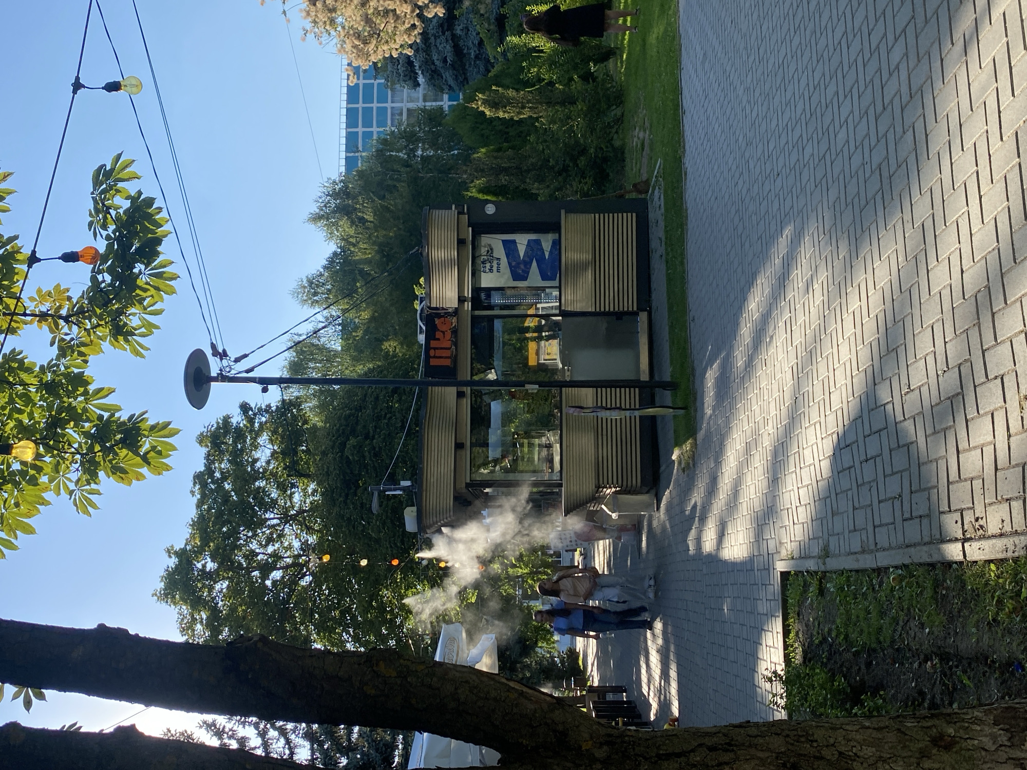 The image depicts a sunny outdoor scene in Chișinău, Moldova, likely on a paved walkway in a park or urban area. In the foreground, a large tree trunk is visible on the left, casting shadows across the brick-paved walkway. Further down the walkway, two young women are walking and engaged in conversation, with a mist spraying from a device, likely for cooling, visible between them and a small kiosk. The kiosk, with the word "like" visible on its signage, appears to be a food or drink vendor. Behind the kiosk, a modern building with blue-tinted windows is partially visible, surrounded by lush green trees and foliage. String lights with yellow and orange bulbs are strung across the scene, some hanging from tree branches. The sky is clear and blue. A person in a dark dress is standing on the grass to the right, facing away from the camera.