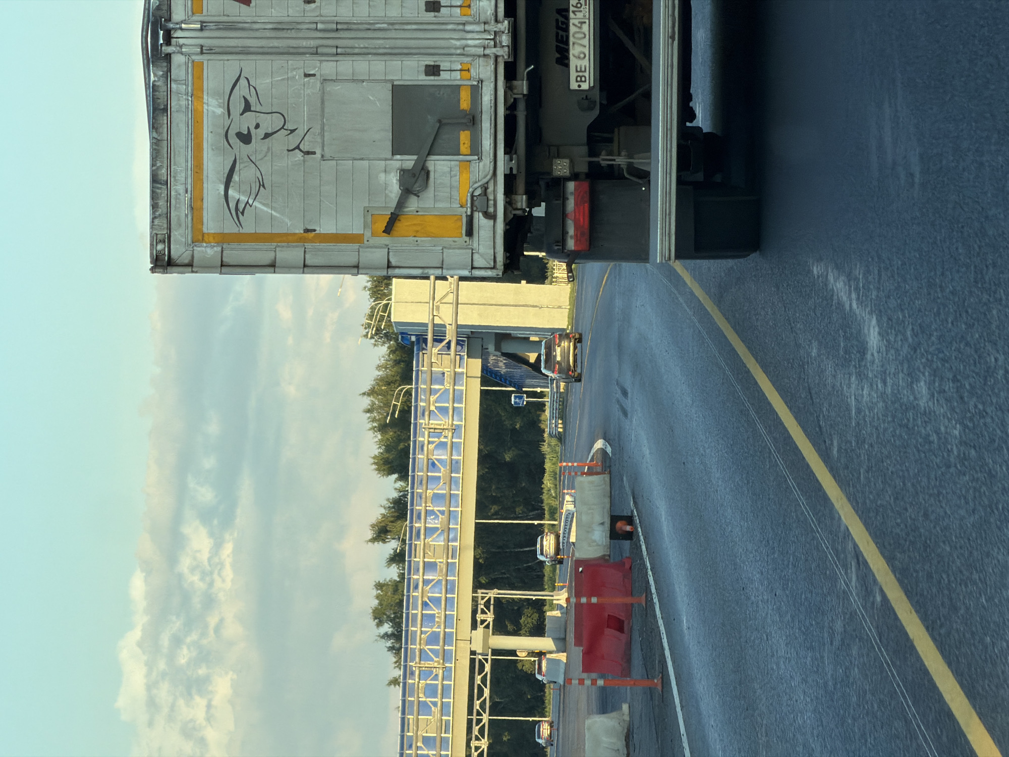 The image depicts a view from a vehicle traveling on a wet, asphalt road, likely a highway or a toll road, with a clear yellow line marking the lane. In the foreground, the rear of a large, silver truck with a stylized image of a bull or cow on its side is visible. The truck's license plate reads "BE 6704 164 RUS". The truck also has "MEGA" printed on its rear. The road is lined with temporary construction barriers, including red and white concrete barriers and orange traffic cones, suggesting ongoing work or a diversion. In the mid-ground, several passenger cars are driving in the same direction. A large pedestrian bridge with blue paneling spans across the road in the distance. Beyond the bridge, a dense line of green trees forms the horizon. The sky is a pale blue with scattered, fluffy white clouds, indicative of fair weather, possibly early morning or late afternoon given the soft lighting. The overall scene is consistent with a transport hub or a section of road undergoing maintenance within or near the city of Egor'evo, Russia.