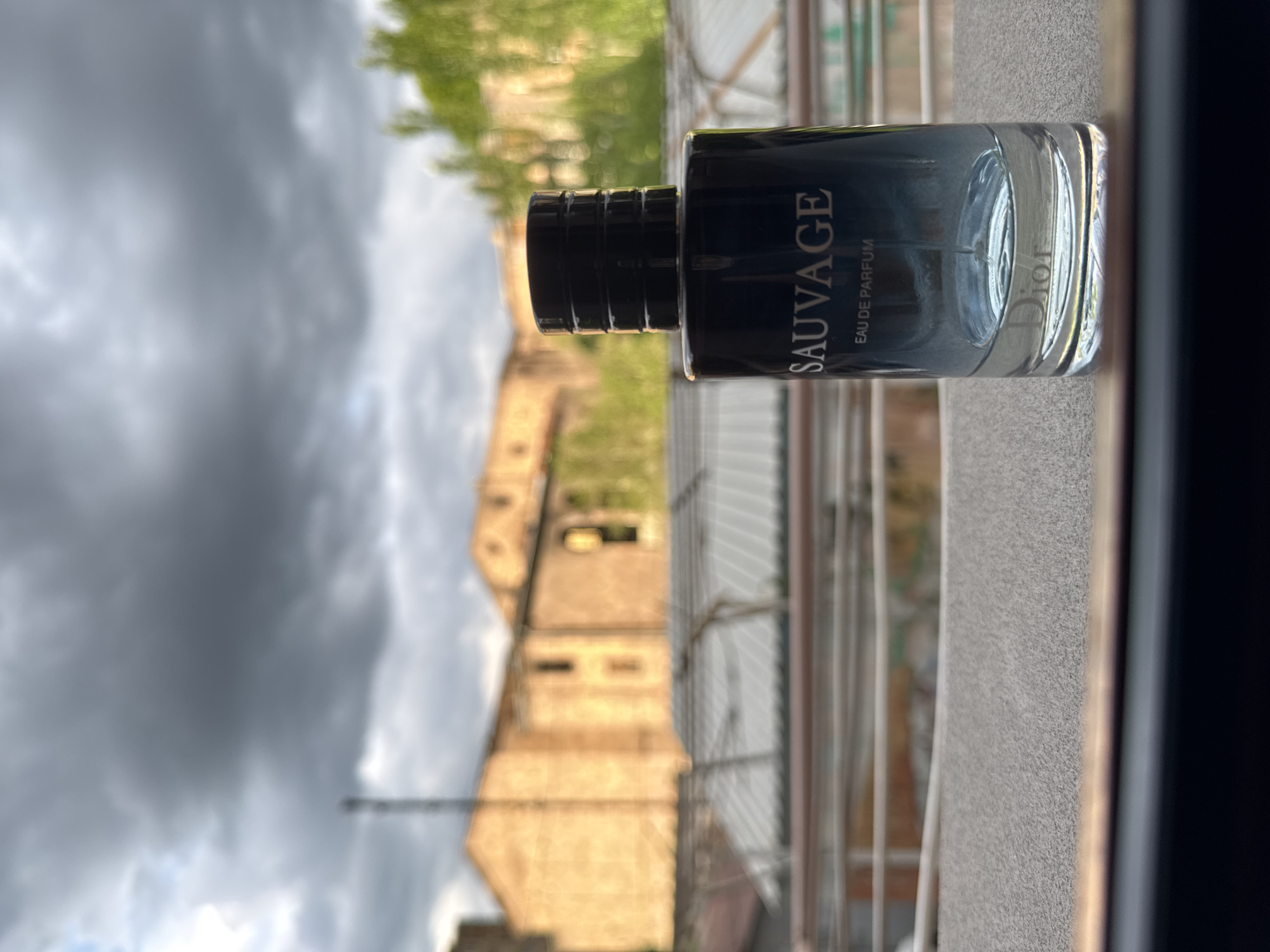 A perfume bottle is placed on a ledge outdoors with buildings and trees in the background under a cloudy sky. The bottle is clear with a black cap and displays the brand name "SAUVAGE" and "EAU DE PARFUM" in white lettering. The word "Dior" is etched at the bottom of the bottle. The buildings appear to be made of brick with some windows visible. Green trees are also present in the scene.