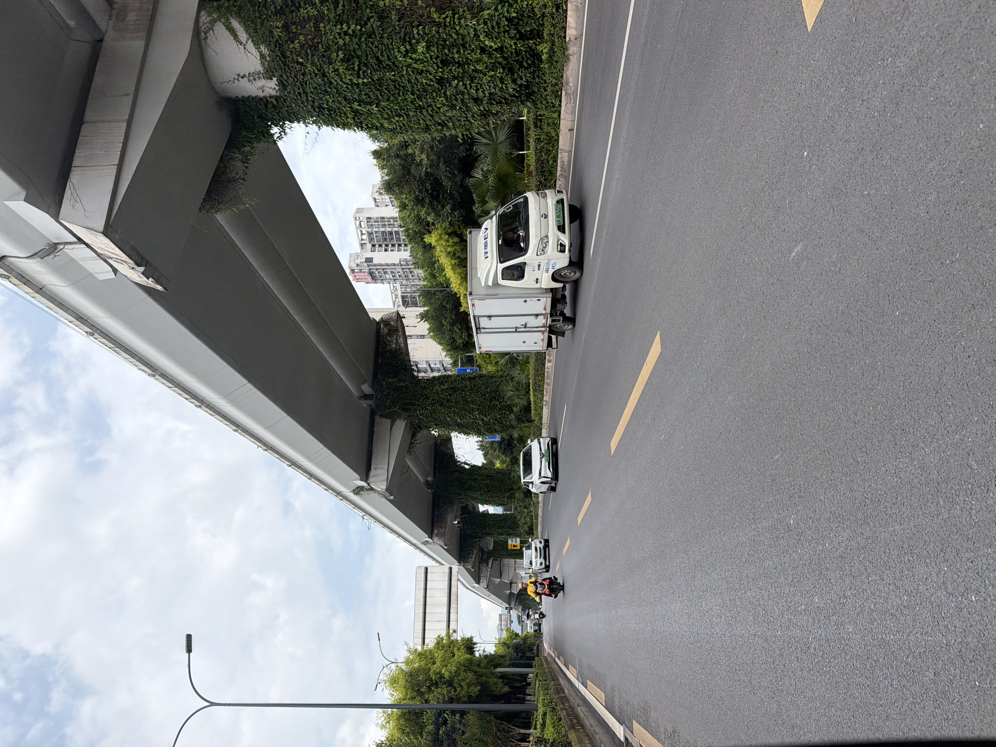 The image shows a street scene in Chongqing High-tech Zone, China, taken from the sidewalk. A bridge overhangs the left side of the frame, covered in green foliage. A row of buildings is visible in the background. Vehicles, including a white delivery truck, a car, and a motorbike, are driving on the road. Yellow lines mark the lanes. A streetlight is positioned on the left side of the street.