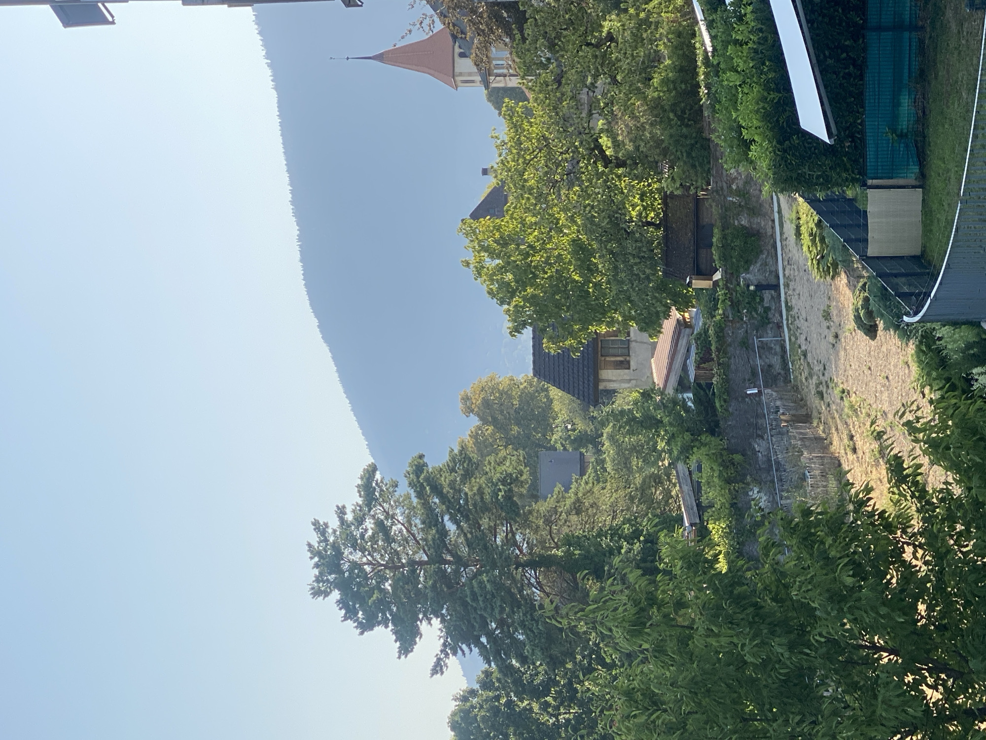 This is a landscape image taken from a high vantage point in the city of Milvignes, Switzerland. The image captures a serene scene with a blend of nature and architecture. In the foreground, a lush green tree with full foliage dominates the left side of the frame, its leaves catching the sunlight. To the right, a white, angled structure partially obscures the view of a fence below, made of dark metal railings and a section of green mesh fencing.
Beyond the foreground, a dry, dusty area with sparse vegetation and a rustic wooden fence is visible. A stone retaining wall runs horizontally across the middle ground, with a small, dark-roofed building nestled behind it, surrounded by greenery. Further back, more trees and the rooftops of houses are scattered amongst the landscape. A prominent church tower with a distinctive red conical roof stands to the right of center, its spire reaching towards the sky.
In the background, a large, tree-covered mountain slopes gently upwards, its upper reaches fading into a hazy, blue sky. The overall atmosphere is peaceful and suggests an early morning or late afternoon setting due to the soft lighting. No people are visible in the image.