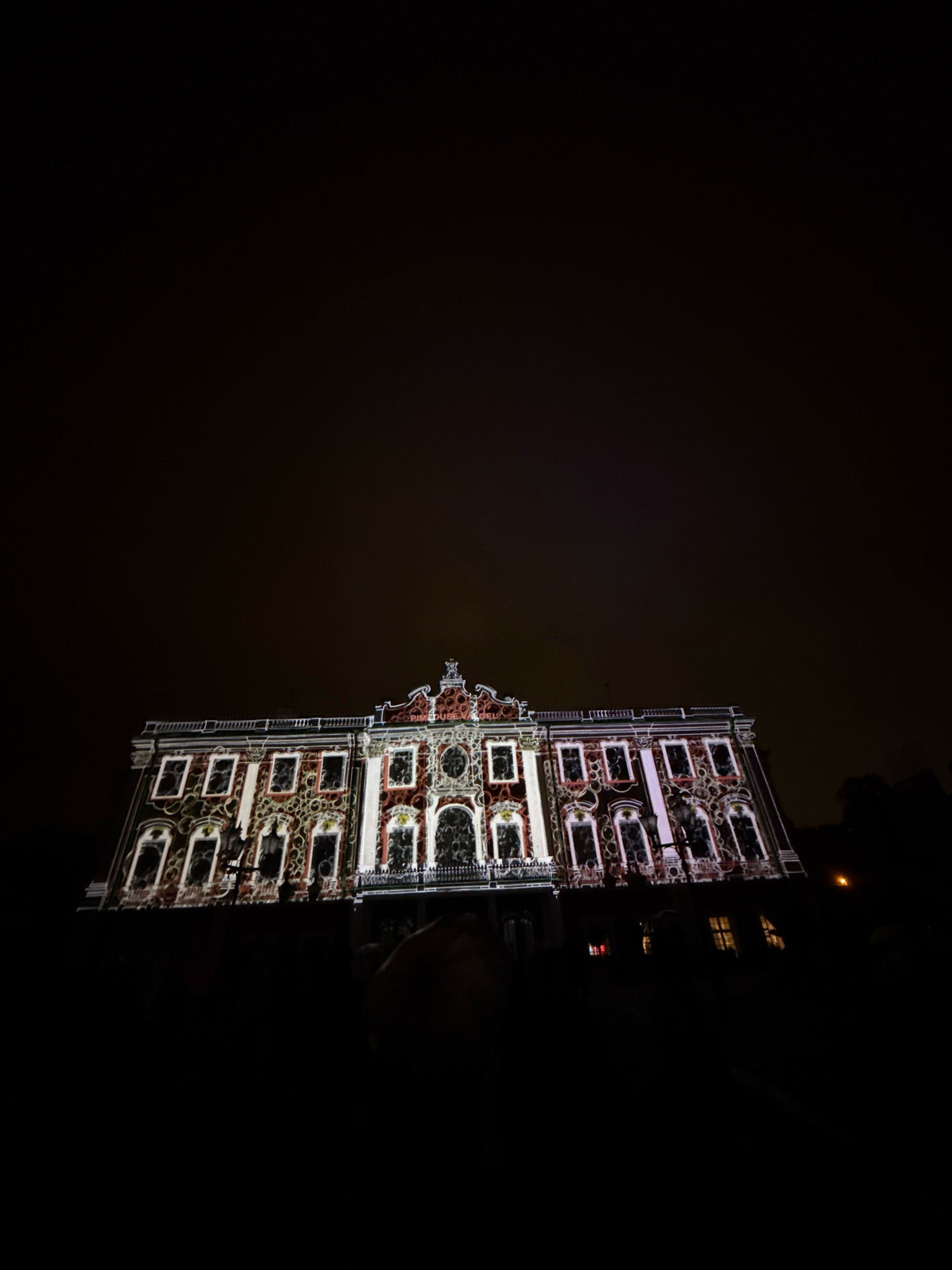 In the dark of night, a grand, ornate building is illuminated by a projection mapping display. The building, likely a historical structure, features multiple stories with numerous windows and intricate architectural details. The projection creates a vibrant, colorful pattern across the facade, highlighting the windows and decorative elements with lines and shapes in shades of white, red, and pink. The sky above is dark and cloudy, providing a stark contrast to the illuminated building. In the foreground, the silhouettes of a crowd of people are visible, suggesting they are gathered to watch the light show. The scene captures a public event taking place in Tallinn, Estonia, where art and technology transform a historical landmark into a dynamic visual spectacle.