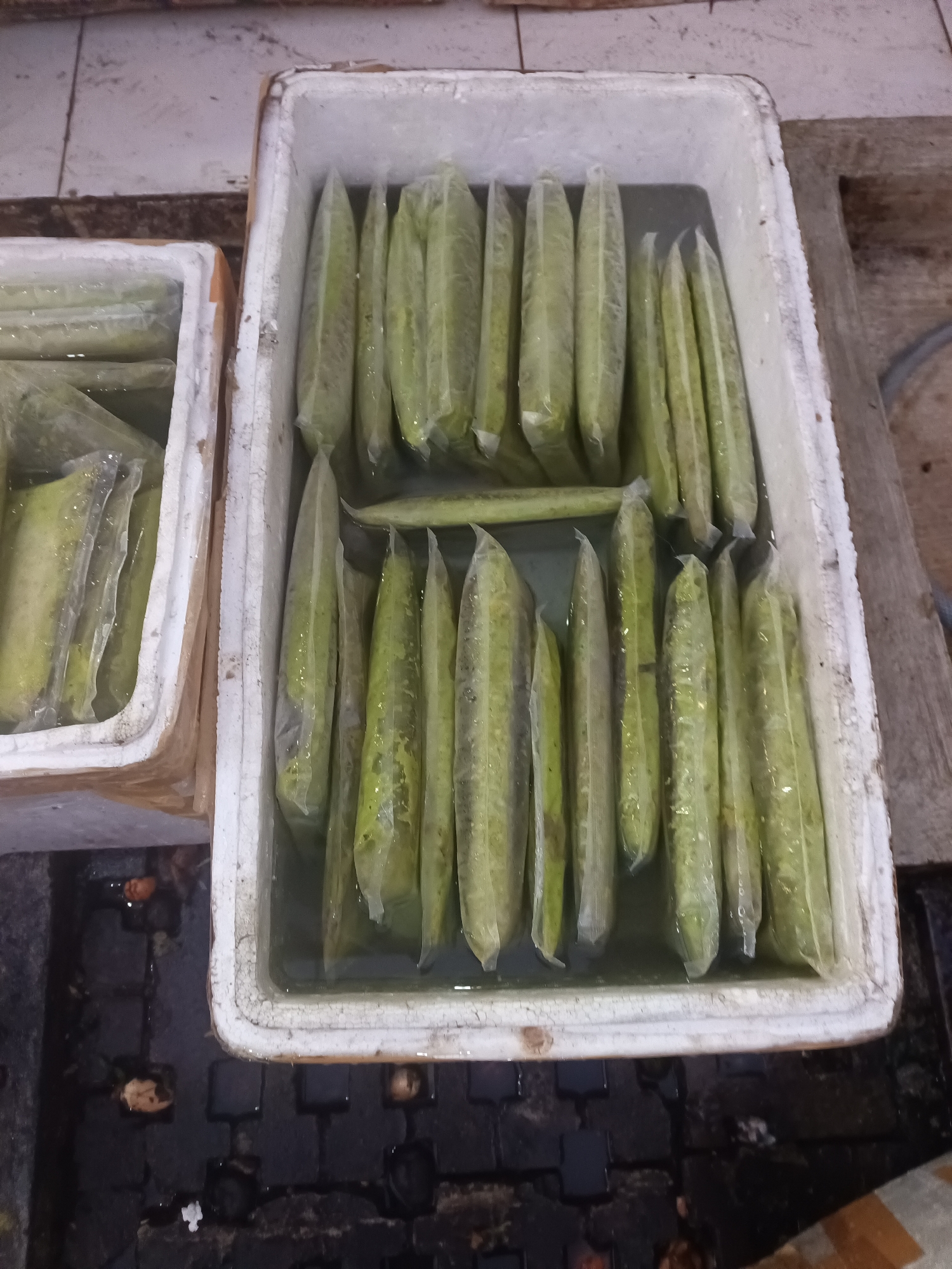 The image shows a close-up view of two white styrofoam containers filled with water. The container on the right is larger and holds numerous individually-wrapped items that appear to be vegetables, possibly cucumbers or gourds, in clear plastic. These items are elongated and green, with some variations in color and texture visible through the plastic. They are submerged in water. The container on the left is smaller and also contains similar wrapped items, some of which are partially visible. The containers are placed on a surface that appears to be a tiled floor, with dark, wet-looking tiles visible in the foreground. The background is out of focus, but suggests an indoor market setting, common in areas of North Jakarta, Indonesia, where fresh produce is often displayed and sold in such containers.