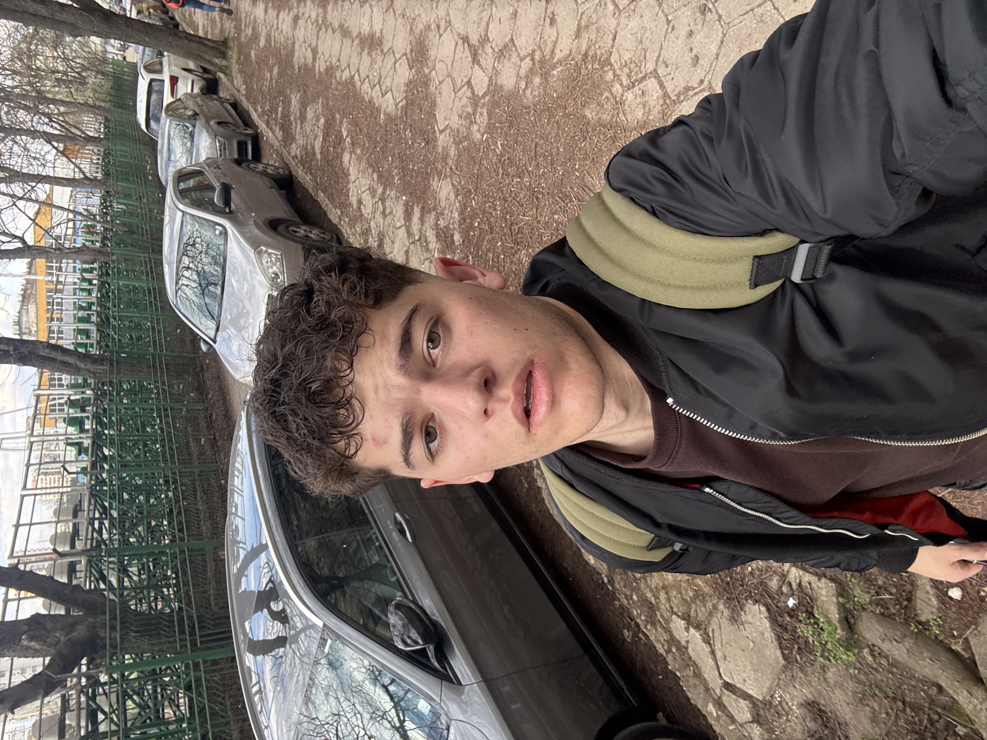 A young male individual captures a selfie on a paved urban path in Sofia, Bulgaria. The subject, in his late teens or early twenties, has short, dark, curly hair and light brown eyes. A red abrasion is visible on his forehead, slightly left of center. He wears a black bomber jacket, partially unzipped to reveal a red lining, over a dark brown sweatshirt, and carries an olive green backpack. He looks directly at the camera with a neutral expression and slightly open mouth.
The path is composed of irregular, light-colored flagstones mixed with dirt and dry organic debris. Adjacent to the path, a narrow dirt strip with sparse green vegetation separates it from a line of parked vehicles. These vehicles, from foreground to background, include a dark grey Mercedes-Benz sedan, a silver Nissan Qashqai, a grey Audi sedan, and a white Audi Q5 SUV. Bare deciduous trees line the street. In the background, beyond the vehicles and trees, a large green metal structure consistent with stadium seating or training ground fencing is prominent. This structure and the surrounding urban environment are indicative of the area near the Vasil Levski National Stadium in Sofia, Bulgaria. The sky is overcast.
