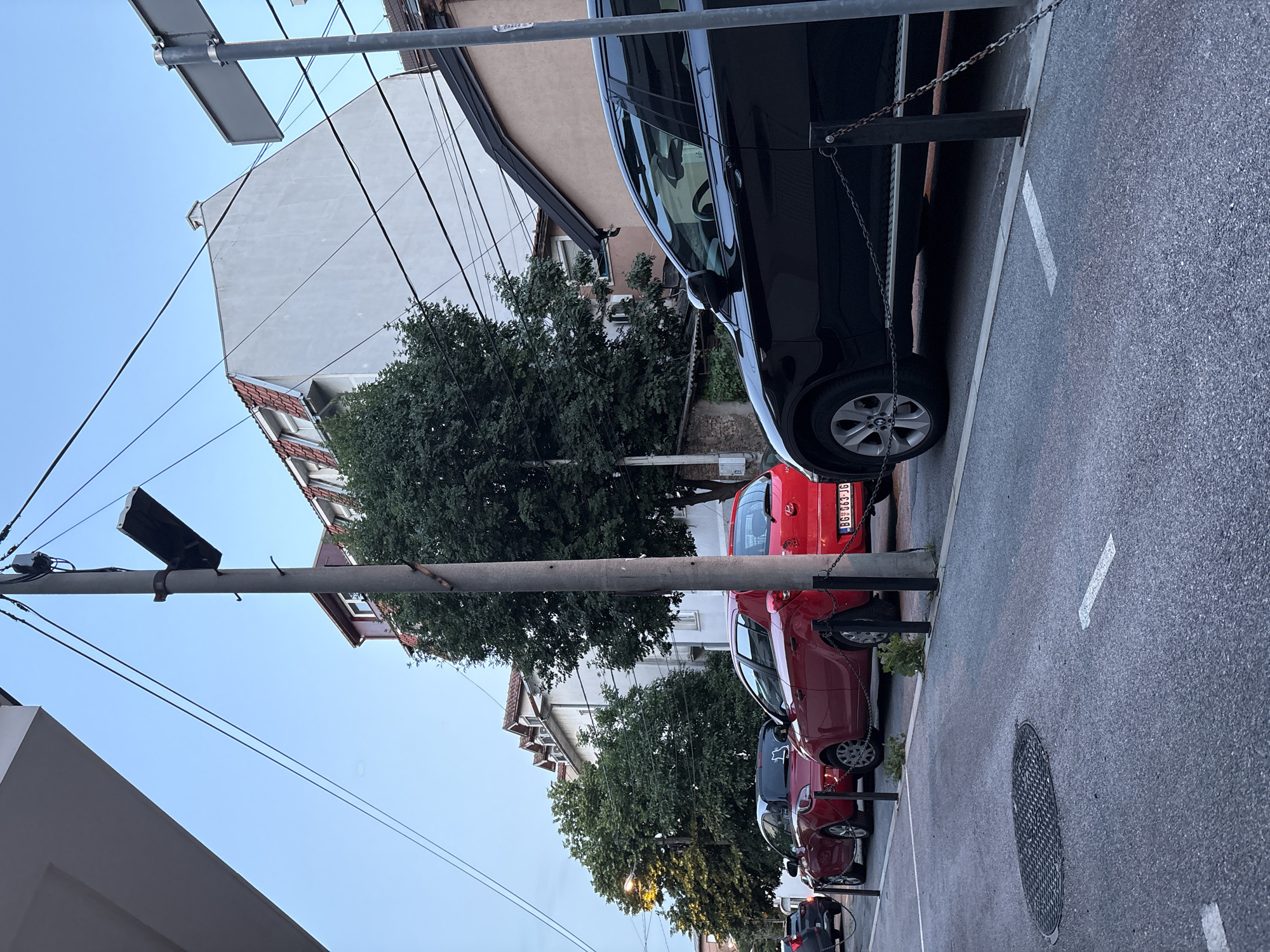 The image shows a street in Palilula Urban Municipality, Serbia, lined with parked cars of various colors (black, red, maroon, and dark blue). A utility pole stands prominently in the foreground, carrying streetlights and electrical wires. Behind the cars and pole are trees and buildings with varied architectural styles. The sky is a pale blue. A manhole cover is visible in the street. The license plate of a red car is partially visible, showing "BG-083-JG."