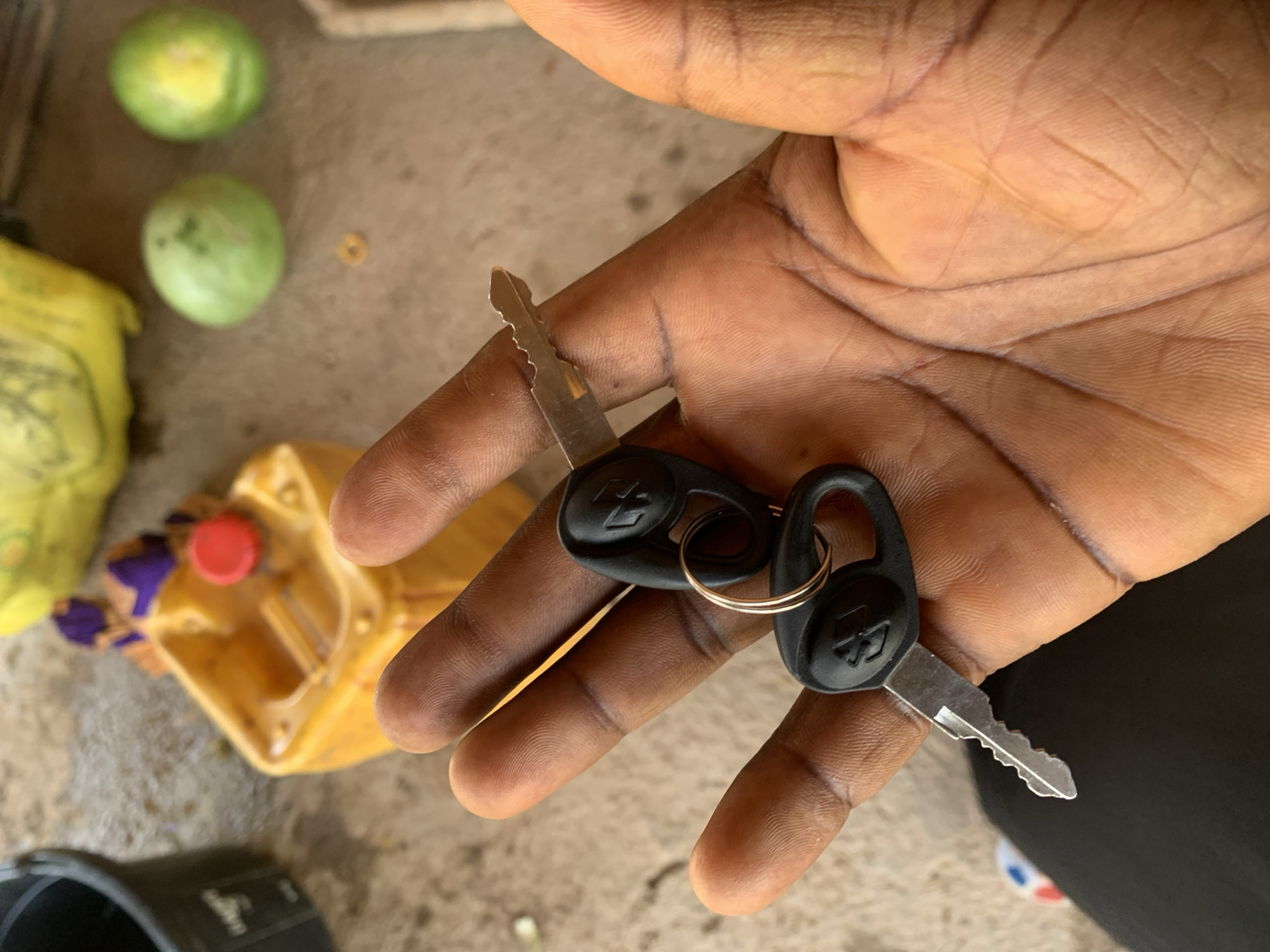 A person's hand, with dark skin and visible palm lines, holds two keys on a ring. The keys have silver metal blades with serrated edges and black plastic heads, each featuring a black emblem with a silver outline. The keys are positioned across the palm, with one key's blade extending out over the thumb and index finger, and the other key’s blade resting against the palm. The background is blurred, but it appears to be an outdoor setting.
In the upper left quadrant, two light green, round objects are visible, possibly fruits. To the left of the hand, a yellow plastic container with a red cap is present. Further left, a yellow object, possibly a bag or tarp, is partially visible. The ground surface appears to be concrete or dirt. The scene suggests a casual, everyday moment, likely in a residential or outdoor work area. No specific time of day or weather conditions are discernible, but the lighting is relatively bright. No visible text is present on the keys or in the surrounding environment.