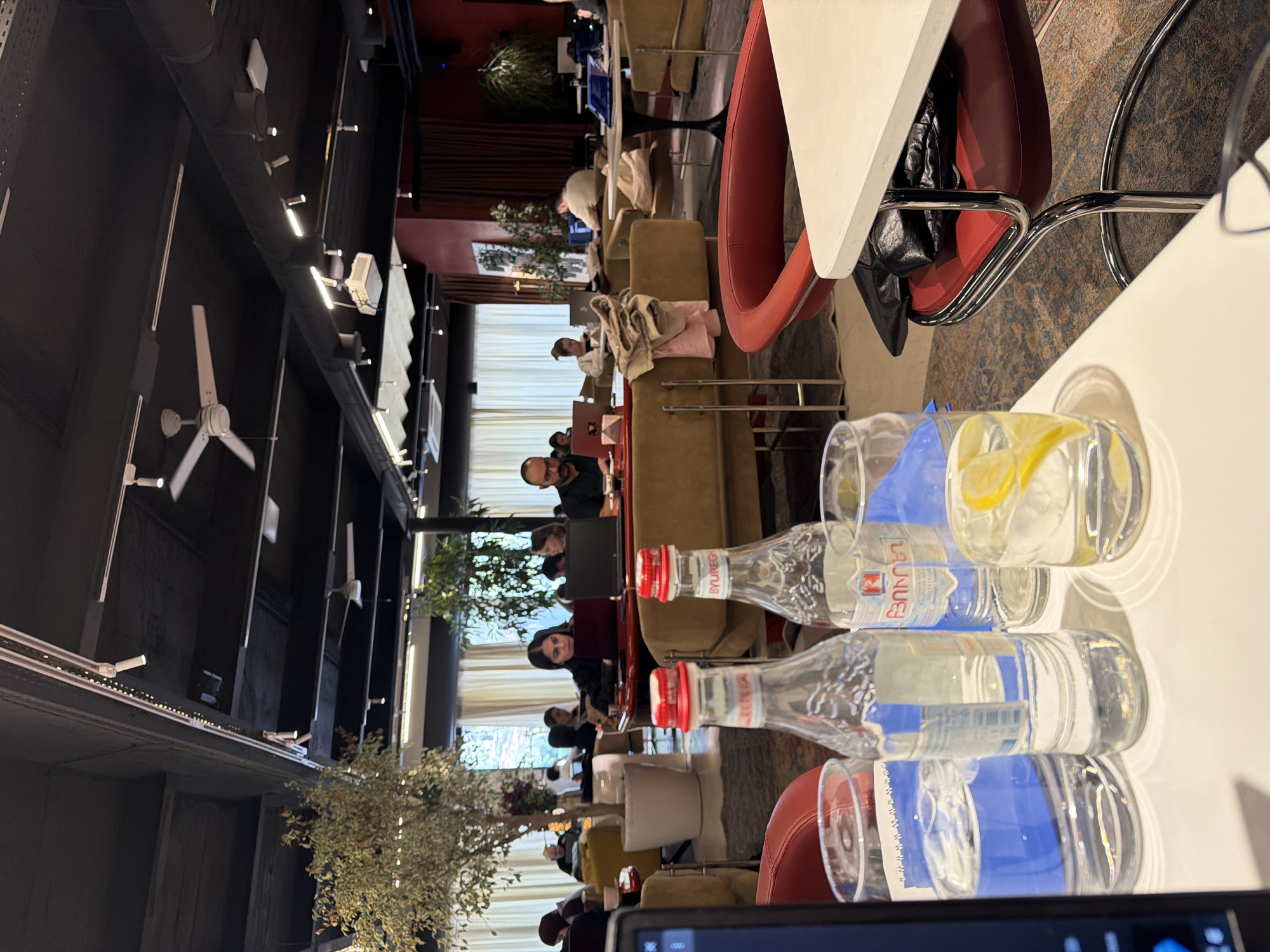 The image depicts the interior of a well-lit restaurant, potentially located in Yerevan, Armenia, based on the branded water bottle that states "BYUREGH." The scene is dominated by tables and seating occupied by several people engaged in activities such as working on laptops and conversing. Tables are adorned with bottles of water, glassware filled with water, and lemons. The restaurant features a modern aesthetic, with plants and decorative elements interspersed throughout the space. The ceiling structure incorporates visible lighting and ceiling fans. The color palette of the restaurant includes a mix of neutral tones and vibrant accents.