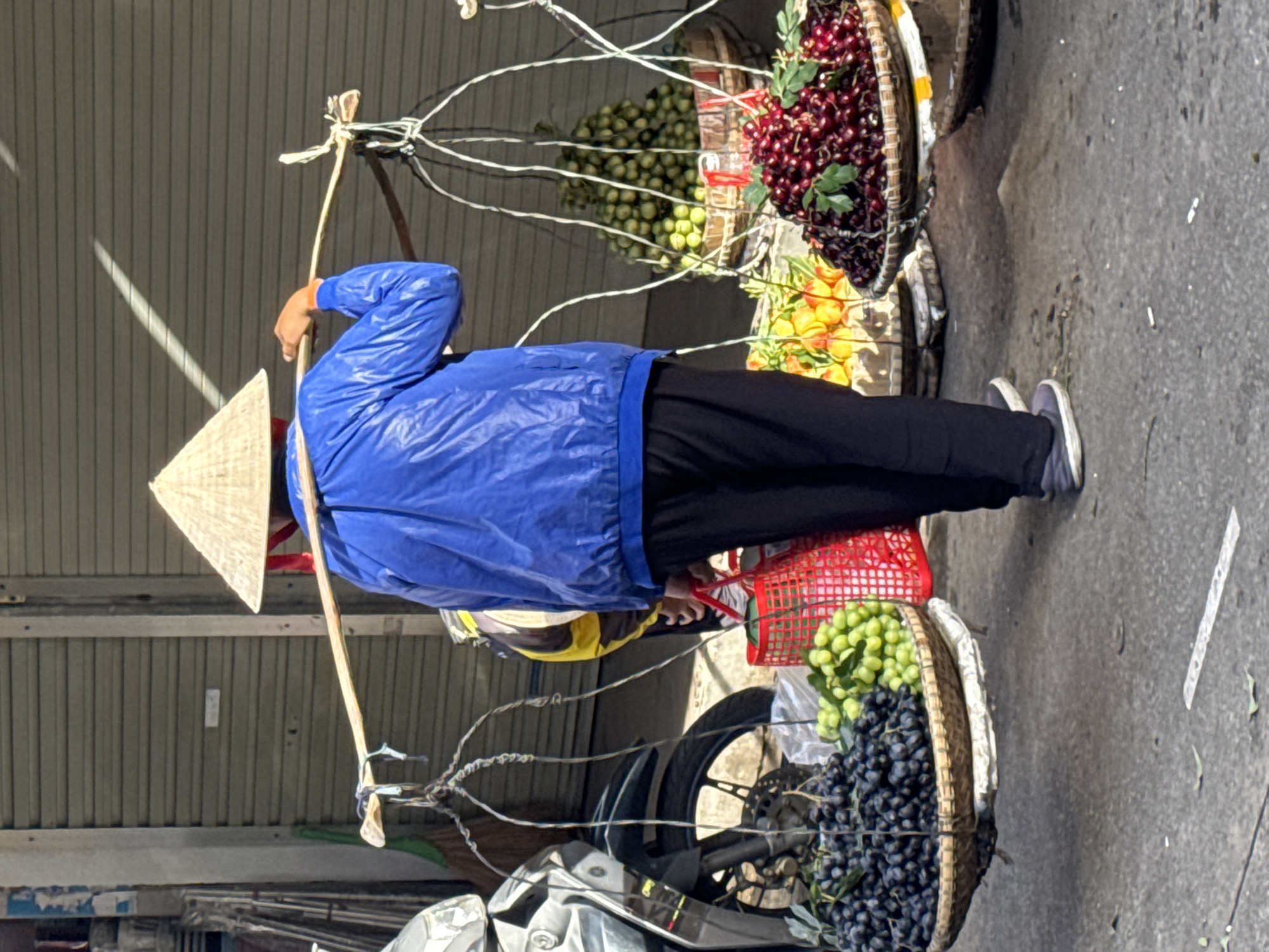 A person wearing a blue jacket and a conical hat carries a yoke across their shoulders, balancing two baskets of fruit. The basket on the left holds a mix of dark purple and green grapes. The basket on the right contains a pile of dark red cherries. In the background, a motorcycle is parked. The scene appears to be a street market in Da Lat, Vietnam, with stalls and vendors in the background. The ground is paved, and there are some scattered leaves and debris. Sunlight creates a strong shadow across the metallic roll-up door behind the person.