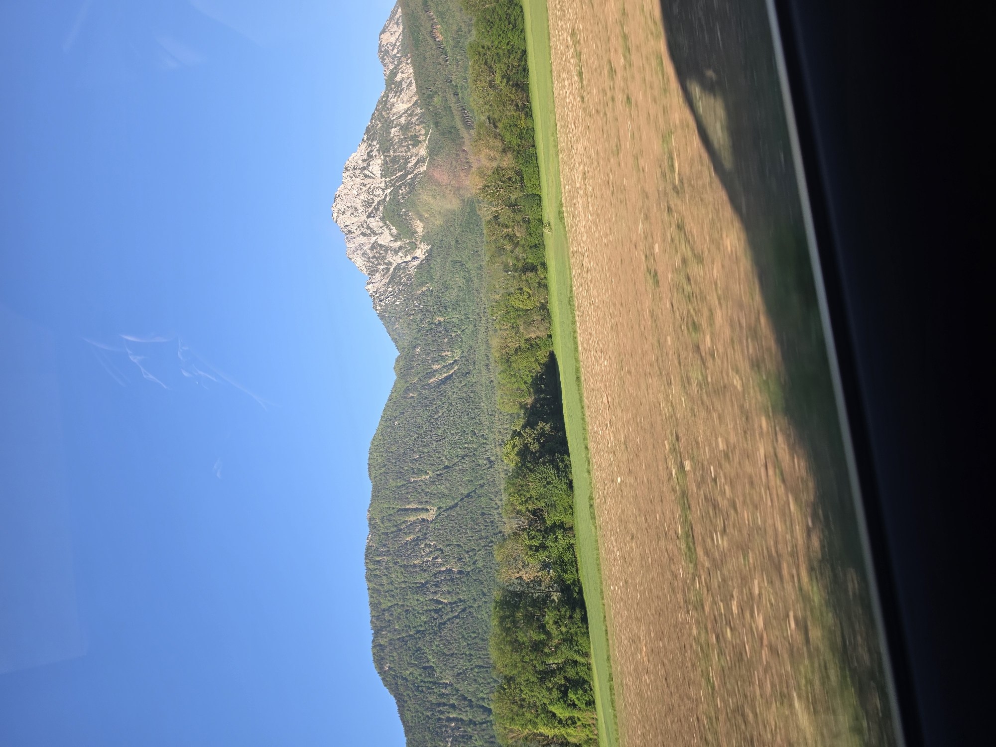 The image shows a landscape with a mountain range dominating the left side of the frame. The upper portion of the mountain is rocky and appears to be devoid of trees, while the lower slopes are covered in dense green forest. To the right of the mountain, a strip of green grass borders a field of brown vegetation. The far-right edge of the image features a blurry, dark vertical band, likely a window frame. The sky above the mountain is clear and blue. The location is possibly near Anger, Germany, given the alpine landscape and arable land. However, without additional context or details, a precise location within or near Anger cannot be definitively determined.