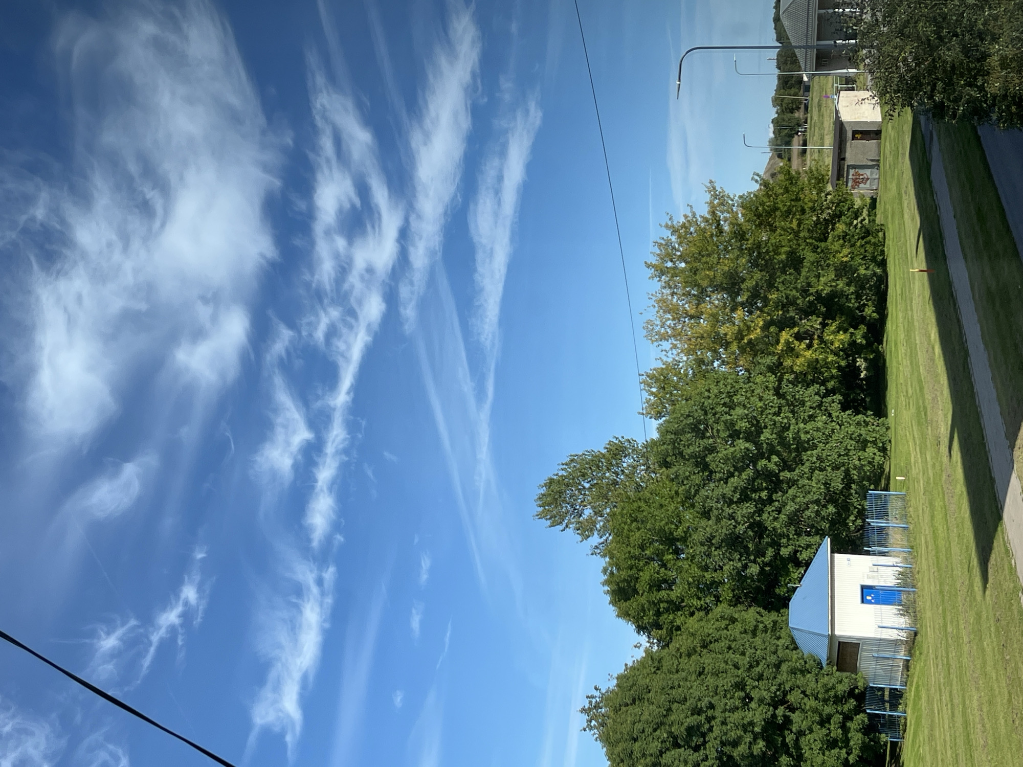 The image captures a scene in the city of Kohtla-Järve, Estonia, on a clear day with a vibrant blue sky adorned with wispy white clouds. In the foreground, a small white building with a blue roof and a blue door is enclosed by a blue metal fence. Surrounding this structure and stretching across the middle ground is a lush green lawn. Behind the lawn, a dense line of trees with dark green foliage dominates the landscape. To the right of the trees, two smaller buildings with neutral-colored exteriors are visible, one with graffiti. A street light is also positioned to the right. In the background, a gentle hill or mound can be seen, with more distant trees and structures. The overall impression is one of a quiet, possibly rural or suburban, setting within the city.