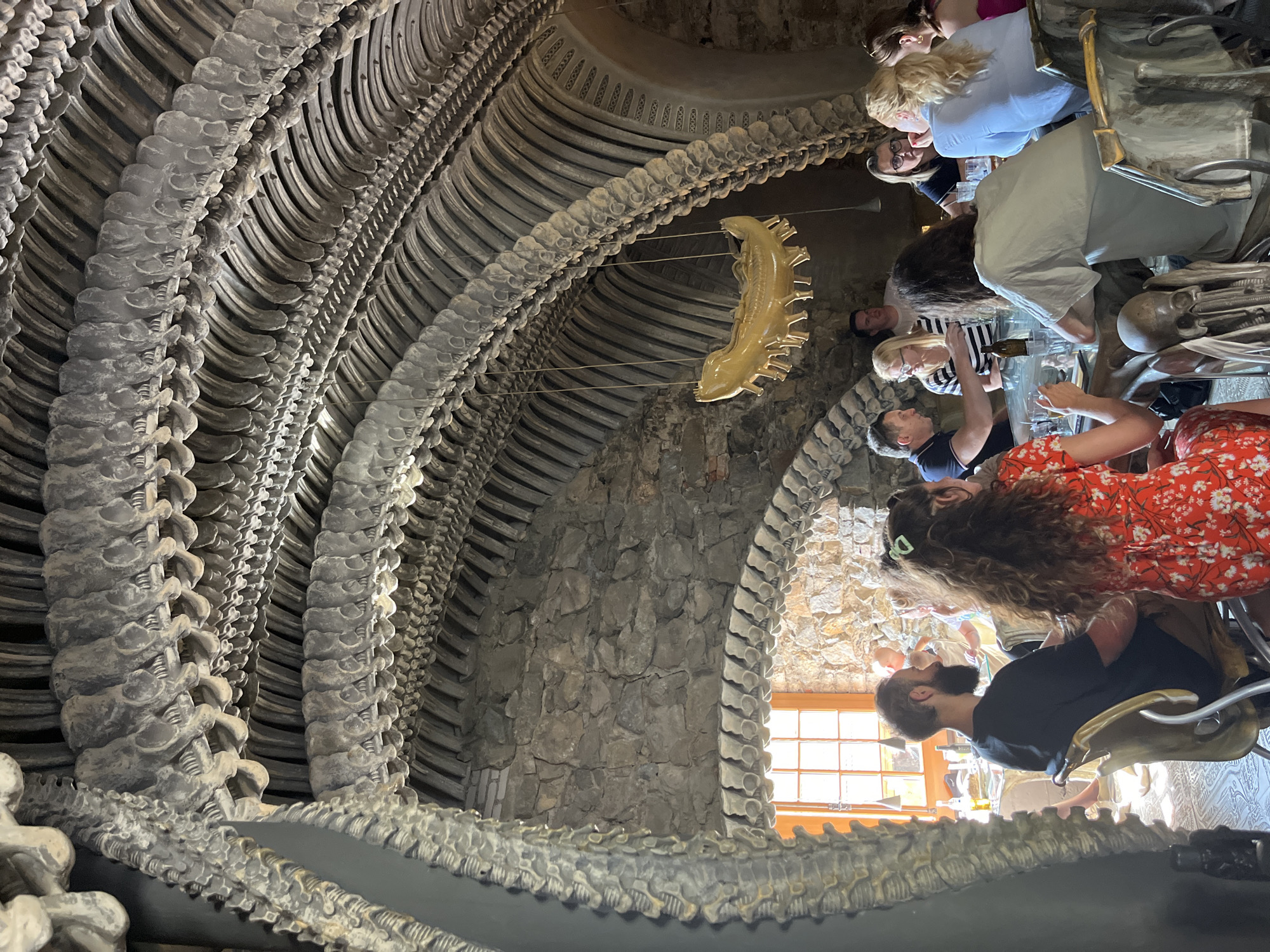 The image shows a group of people seated around a table in a room with an unusual interior design. The ceiling and walls are adorned with what appears to be a large collection of bones, arranged in arches and patterns. The bones are light-colored and have a textured, skeletal appearance. A large, golden chandelier or decorative object hangs from the bone-laden ceiling, casting a warm glow. Natural light streams in from a window with mullioned panes. The people are diverse in age and gender, dressed casually, and appear to be engaged in conversation and dining. Some are looking at each other, while others are looking down at the table or their drinks. The overall atmosphere seems to be one of a unique and somewhat macabre dining experience. The location is identified as Epagny, Switzerland.