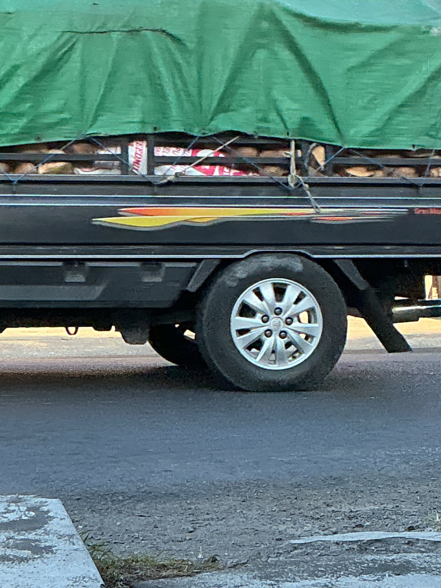 The image depicts a close-up, side view of a black pickup truck parked on an asphalt road. The truck bed is covered with a large green tarp, beneath which are visible stacks of what appear to be boxes or crates. Some of these containers have red and white labels. The truck has a decorative yellow and red graphic stripe along its side. A silver alloy wheel with multiple spokes is visible on the right side of the frame, partially obscuring the truck's undercarriage and suspension. The road surface is textured, with some debris and patches of grass visible on the edges and in the foreground. A concrete barrier or curb is partially visible in the lower left corner. The scene appears to be in an outdoor, urban or semi-urban environment. There are no people or animals visible in the image. The lighting suggests it is daytime. Based on the provided context, this image was taken in the city of Kebonrejo, Indonesia.