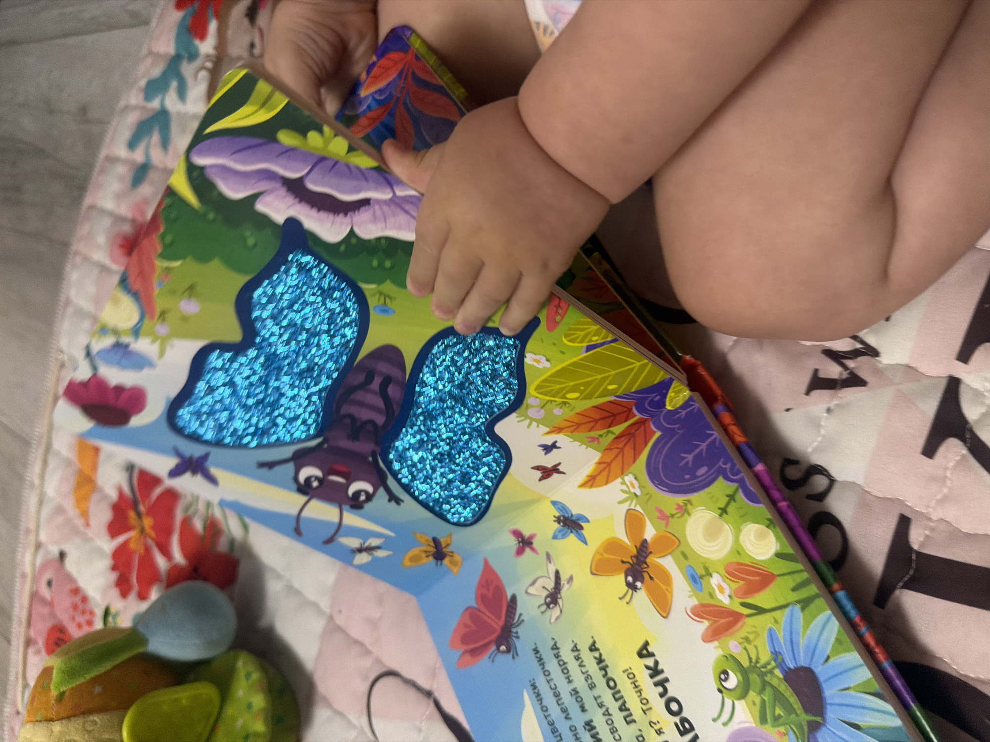 A child's hands are holding an open children's book with colorful illustrations of butterflies and other insects. The book has textured, glittery blue butterfly wings. The child is on their side, their legs visible, on a patterned mat or blanket. A stuffed toy is partially visible in the upper left corner. The scene appears to be indoors, likely in a home setting. There is no information in the image to suggest a location in Rostov-on-Don, Russia.