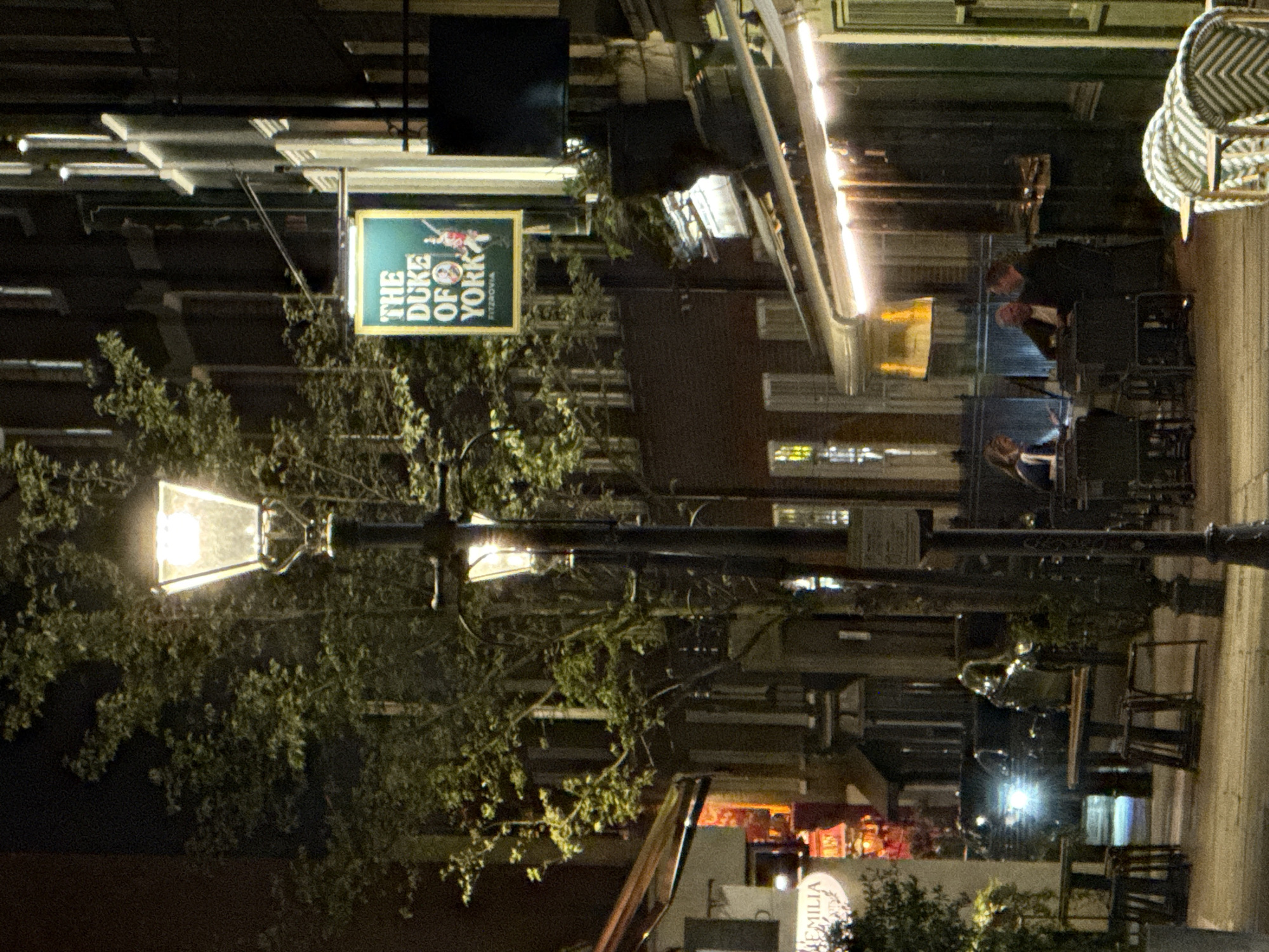 This nighttime photograph captures a lively street scene in London, featuring a pub and outdoor dining areas under artificial illumination. The image has a dark, atmospheric quality, indicative of evening hours.
In the left half of the frame, a traditional pub sign is prominently displayed, brightly lit and clearly readable. It features the name "THE DUKE OF YORK" in white letters on a dark green background, with "FITZROVIA" written beneath, pinpointing the location to a district in central London. A large, ornate streetlamp with two glowing white lights stands in the foreground, casting light on the dense, dark green foliage of a tree or bush which fills much of the lower-left and central parts of the image.
The right side of the image reveals outdoor seating areas belonging to establishments along the street. These areas are illuminated by overhead strip lighting and smaller table lamps, creating bright zones against the dark buildings. Several people are visible enjoying these outdoor spaces; at least two individuals are clearly seen seated at tables, suggesting social activity like dining or drinking. Some of the outdoor furniture includes distinctive wicker-style chairs.
The scene conveys a bustling yet intimate urban evening, with people gathering outdoors. The overall lighting scheme highlights the establishments and their patrons while leaving the surrounding architecture in softer shadows.