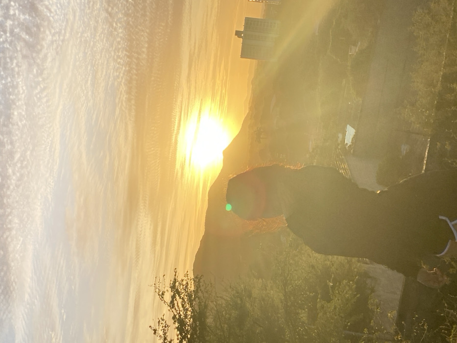 A lone individual is depicted from a slightly elevated vantage point, viewed from behind and to the left, observing a sunset or sunrise over the city of Juan Griego, Venezuela. The individual has long, reddish-brown hair and is wearing a dark, long-sleeved top and dark shorts with white trim. The brilliant, golden sun, positioned centrally above distant mountains, dominates the background, casting intense light and lens flare, including a distinct green artifact. Below the individual, the urban landscape of Juan Griego is visible, featuring various buildings, including a prominent multi-story structure on the far right and a light blue swimming pool in the midground. Dense green foliage occupies the left foreground, partially framing the view. The sky displays a gradient of warm yellow and orange hues, transitioning to lighter tones at the top, with textured clouds spread across the upper portion. The scene is bathed in a warm, hazy, golden light.