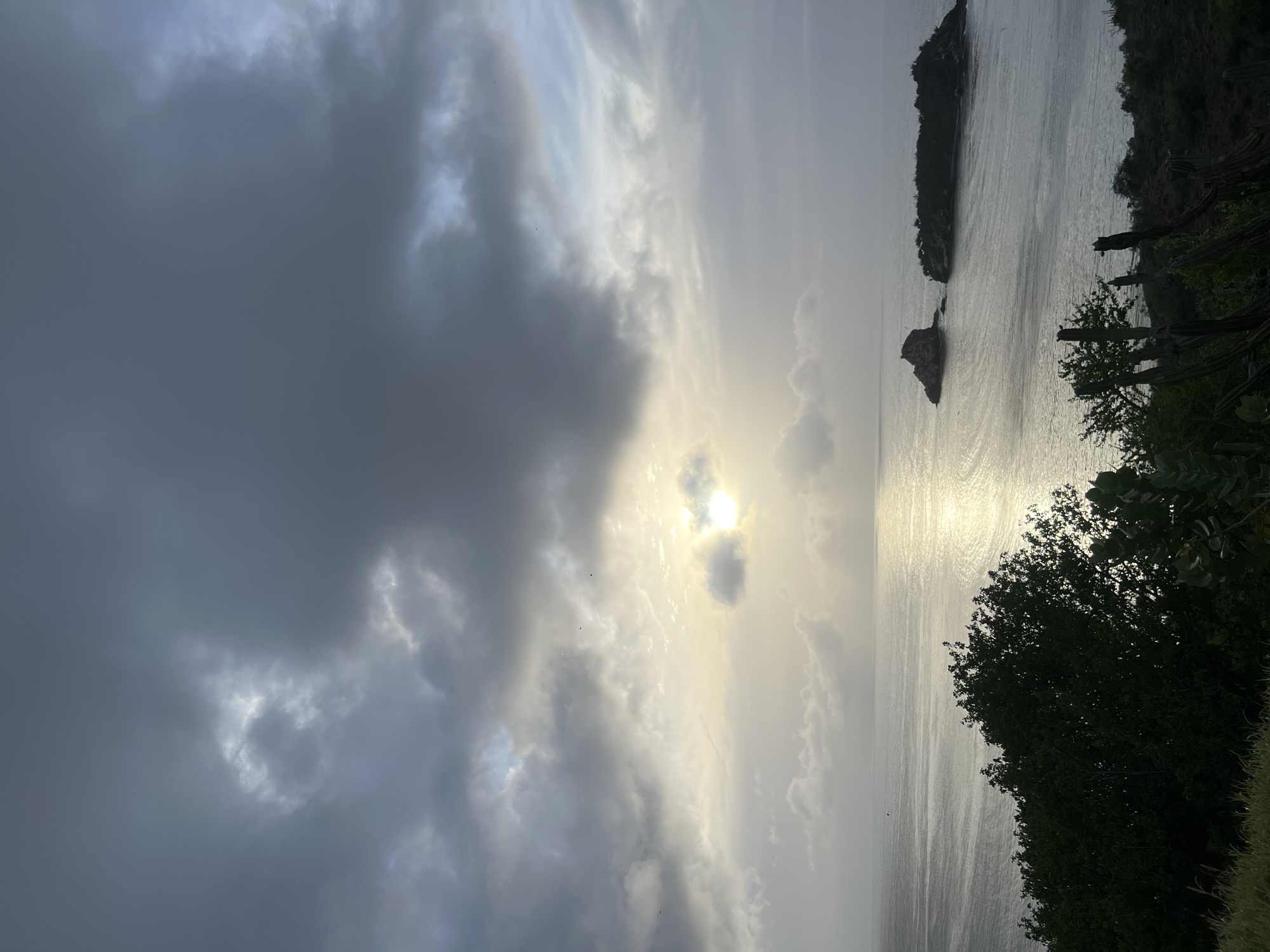 This is a landscape photograph taken from a high vantage point overlooking the Caribbean Sea at sunrise. The sky is filled with dramatic, dark clouds with patches of lighter, brighter clouds and some shafts of sunlight breaking through. The sun is low on the horizon, creating a shimmering reflection on the water. In the middle distance, two small, rocky islands rise from the sea. In the foreground, there is dense green foliage and vegetation, including trees and some cactus-like plants. The overall impression is one of a moody and atmospheric dawn over a tropical coastline. The location is the city of Manzanillo, Venezuela.