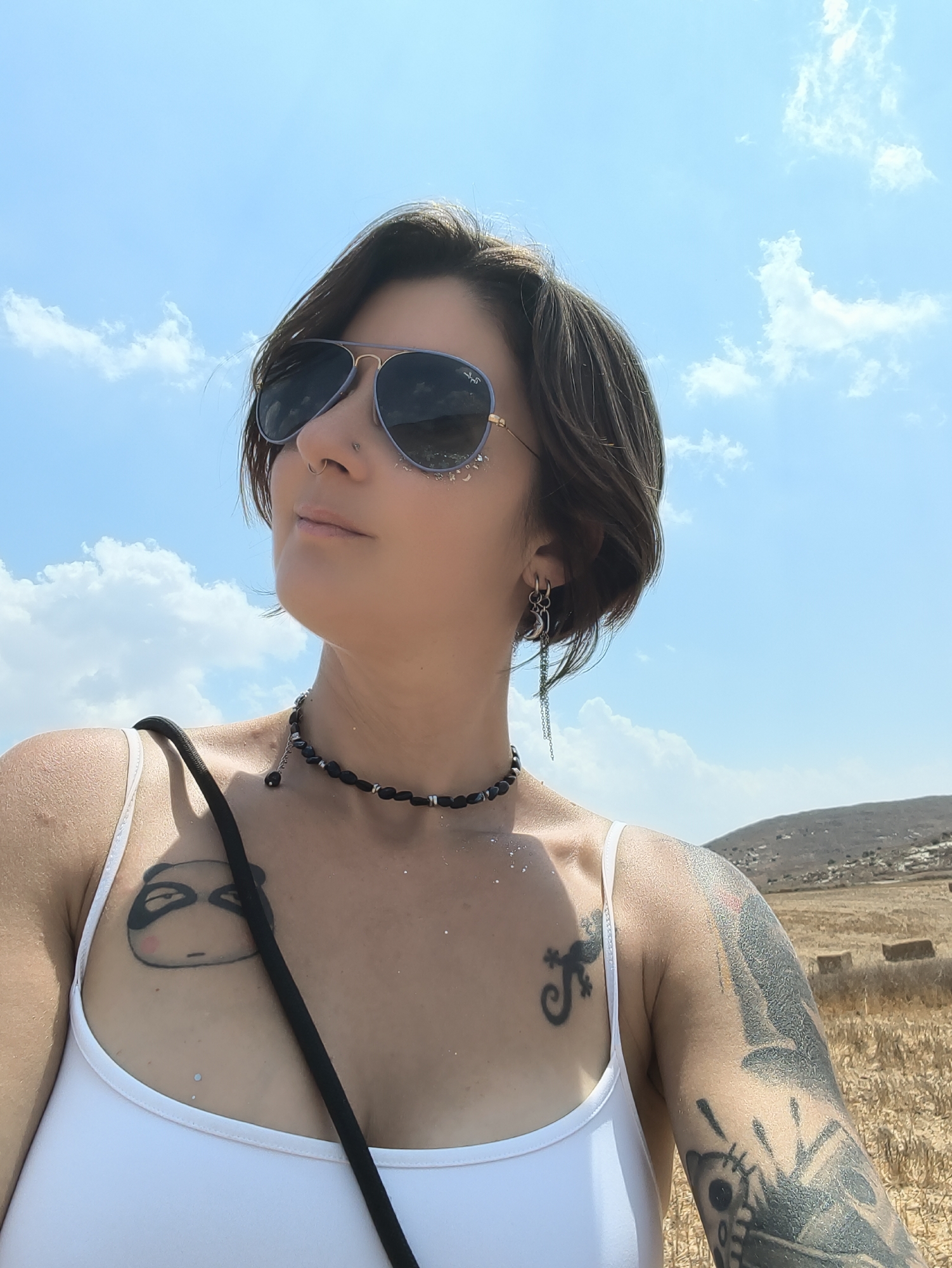 A low-angle, medium shot captures a woman with short, dark brown hair and fair skin, wearing aviator sunglasses with purple lenses, a nose ring, and a black beaded choker necklace. She has glitter applied to her cheekbones and across her chest. A tattoo of a panda face is visible on her upper chest, and a gecko tattoo is on her left upper chest. Her left arm is covered in tattoos. She is wearing a white tank top with a black strap visible. She is outdoors, with a bright blue sky and white clouds in the background. The ground behind her is dry, golden-brown fields with hay bales. In the distance, a brown, hilly landscape is visible. The location is the Lachish Regional Council, Israel. The woman is looking up and to her left, with her head tilted slightly. The lighting suggests it is daytime.