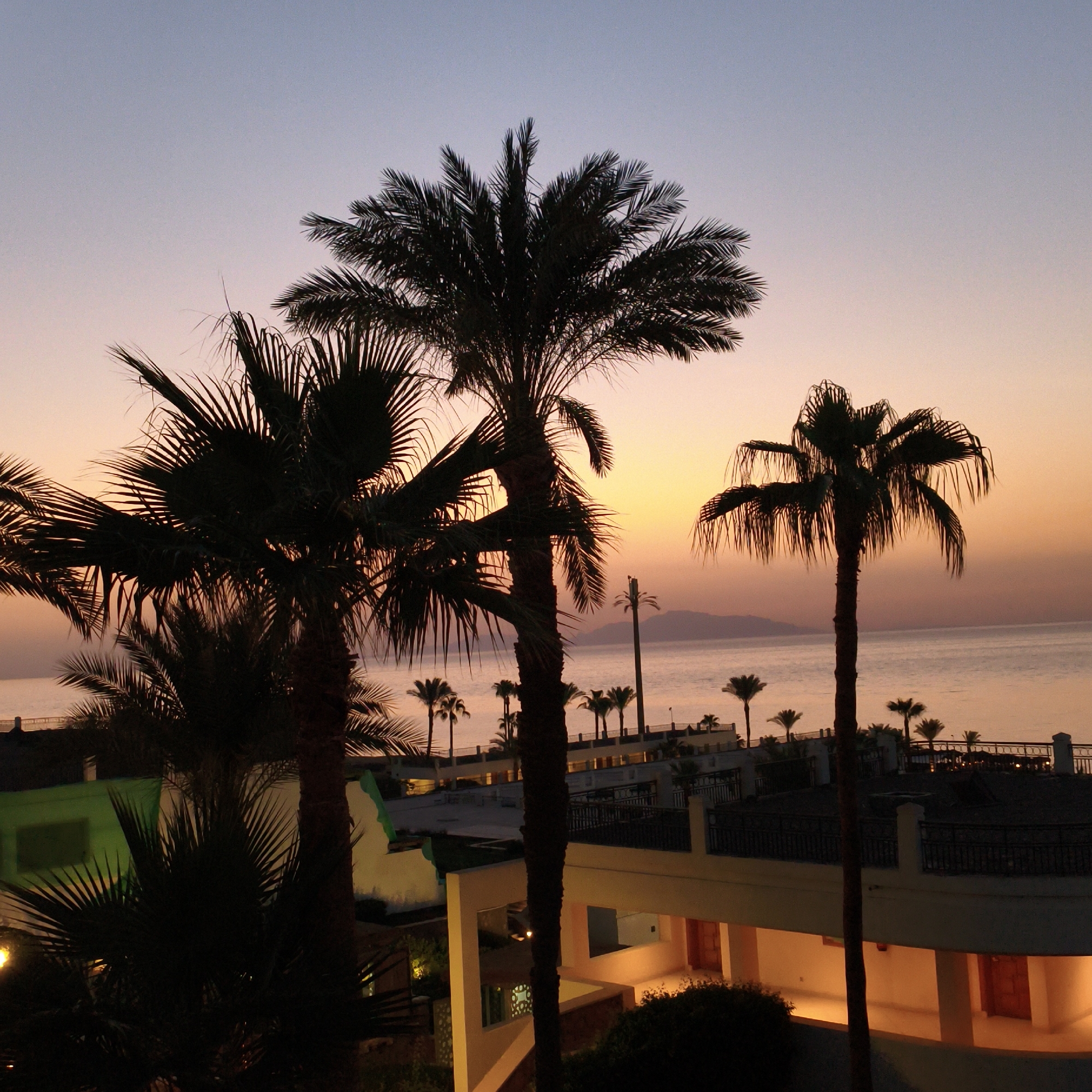 The image depicts a tranquil evening scene in an unknown location, likely a tropical or subtropical resort. The sky transitions from a soft lavender at the top to a warm orange and yellow hue near the horizon, suggesting either a sunrise or sunset. Silhouetted palm trees dominate the foreground, their fronds creating a dramatic contrast against the colorful sky and the calm body of water in the background. Beyond the water, a faint outline of a mountainous landmass is visible. In the mid-ground, a resort-like structure is partially visible, with illuminated windows and balconies hinting at activity within. The architecture suggests a modern design, possibly with Mediterranean influences. The overall atmosphere is serene and picturesque, evoking a sense of relaxation and vacation.
