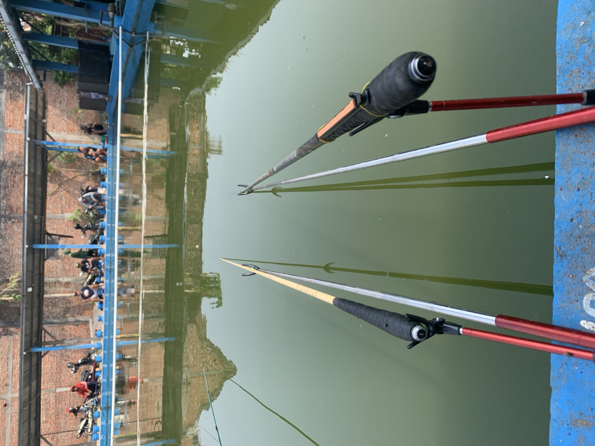 The image depicts a fishing pond area in Malang, Indonesia. In the foreground, two fishing rods are positioned on a blue platform, pointing towards the murky green water. The fishing rods have black and red handles and silver shafts. In the background, several people are seated on a blue platform beneath a covered structure with a metal roof supported by blue poles. They appear to be fishing, with some motorcycles parked behind them. The environment suggests an outdoor recreational area, possibly a fishing competition or a popular spot for anglers. The brick wall behind the structure and the reflection of buildings in the water indicate an urban or semi-urban setting.