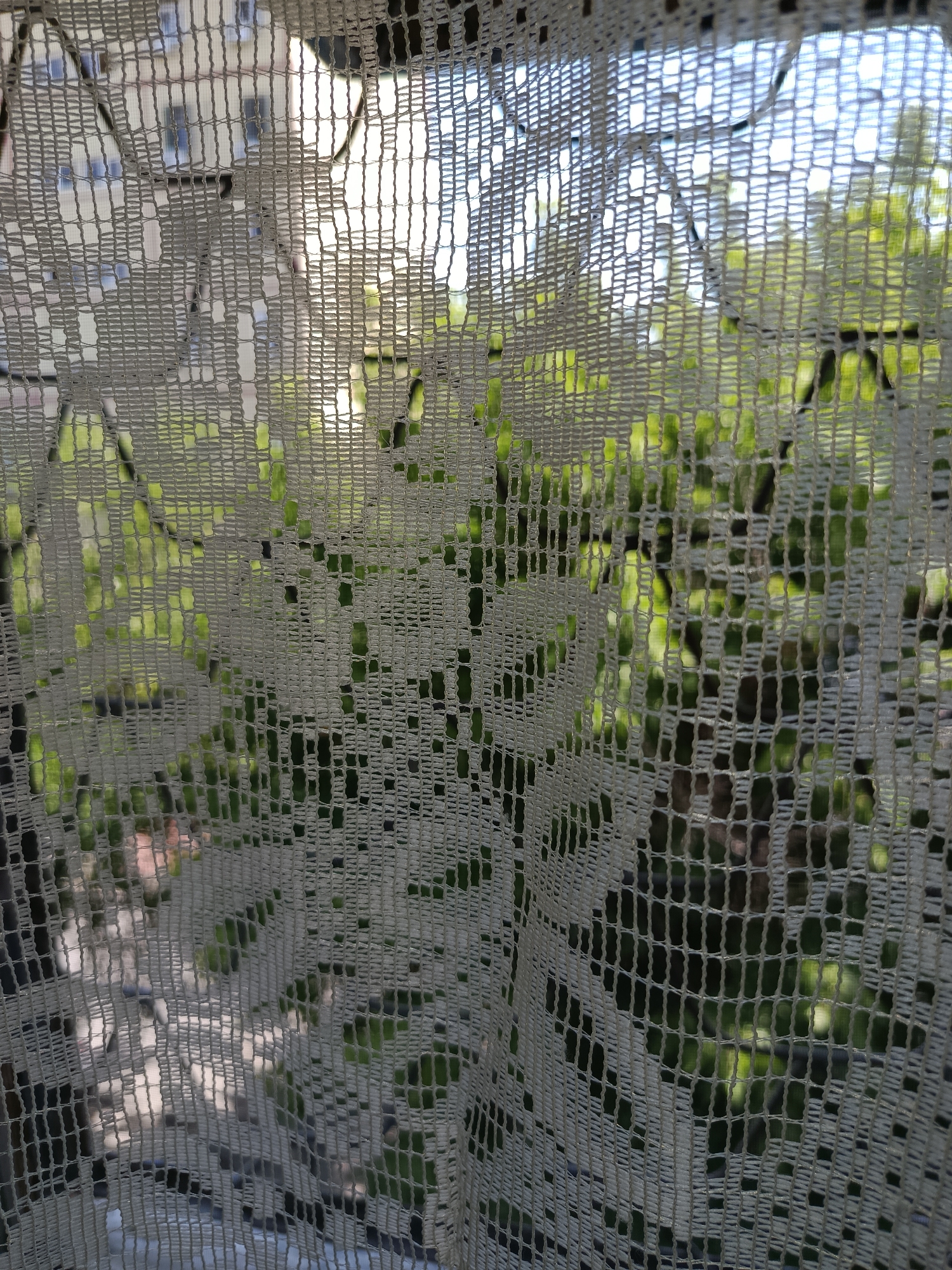 The image shows a close-up view of a white lace curtain hanging in front of a window. Through the lace, a building with visible windows and a background of green foliage and the sky can be seen. The lace has a patterned design, creating a textured effect. The lighting suggests it is daytime, with sunlight filtering through the curtain and the trees. The scene appears to be residential, potentially a balcony or a window overlooking a courtyard or street. The architectural style of the building, with its uniform windows and facade, is typical of Soviet-era apartment blocks common in Tashkent, Uzbekistan.