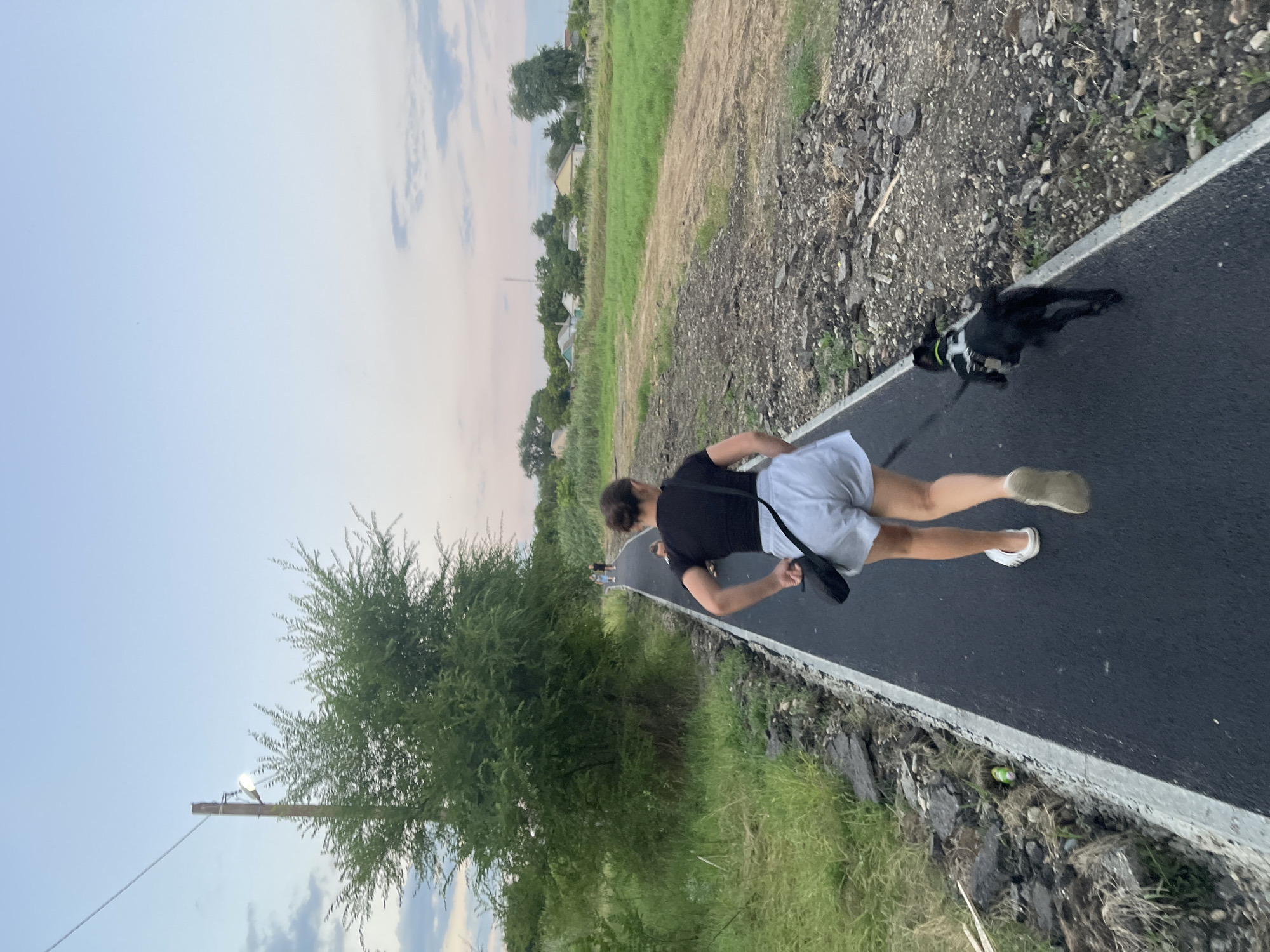 In Donskoye, Russia, a young woman with dark hair pulled into a bun is running on a paved path. She is wearing a black t-shirt, white shorts, and white slip-on shoes. A black and white dog with a green collar is running beside her, attached to a leash held by the woman. The path is bordered by grassy areas and rough, rocky terrain. In the background, there are trees, fields, and houses. The sky is overcast with a soft, diffused light.
