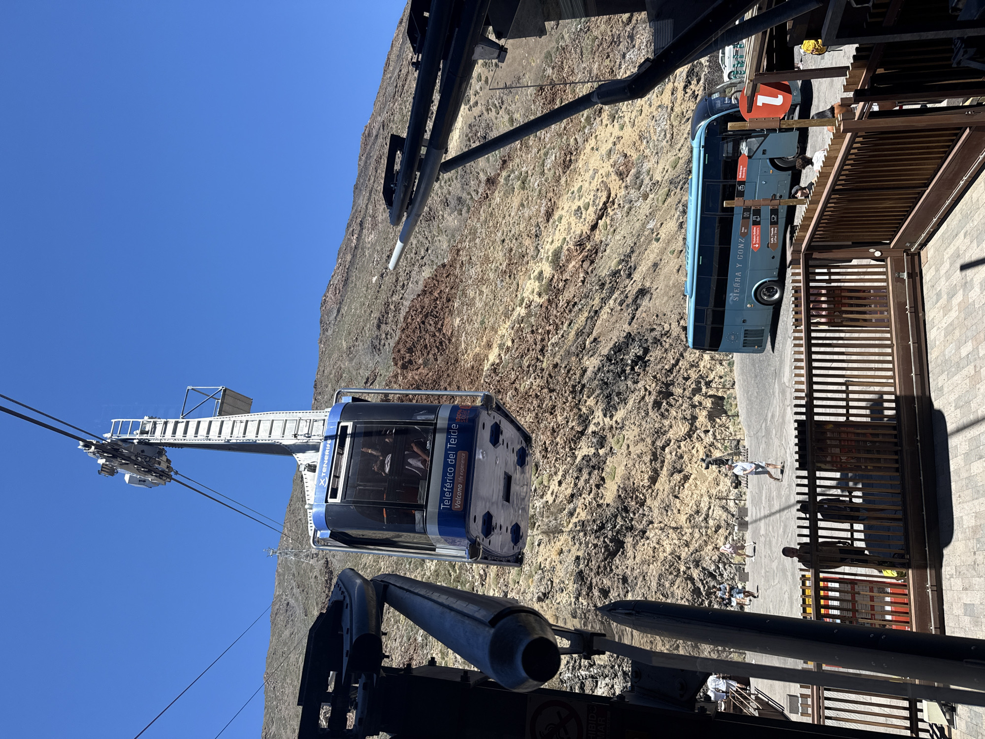 In La Orotava, Spain, a cable car hangs suspended in the air, its blue and white cabin filled with passengers, moving along a steel cable towards a mountain. The cable car is labeled "Teleférico del Teide" and "Volcano Life Experience." The surrounding landscape is rugged and mountainous, with rocky terrain and sparse vegetation under a clear blue sky. In the foreground, a wooden fence separates a paved area with a blue bus, labeled "SIERRA Y GONZ," which appears to be a tour or shuttle bus. Several people are visible, some standing near the bus, others walking in the background. One person stands at a gated entrance in the foreground. The scene depicts a tourist attraction, likely part of a volcanic excursion.