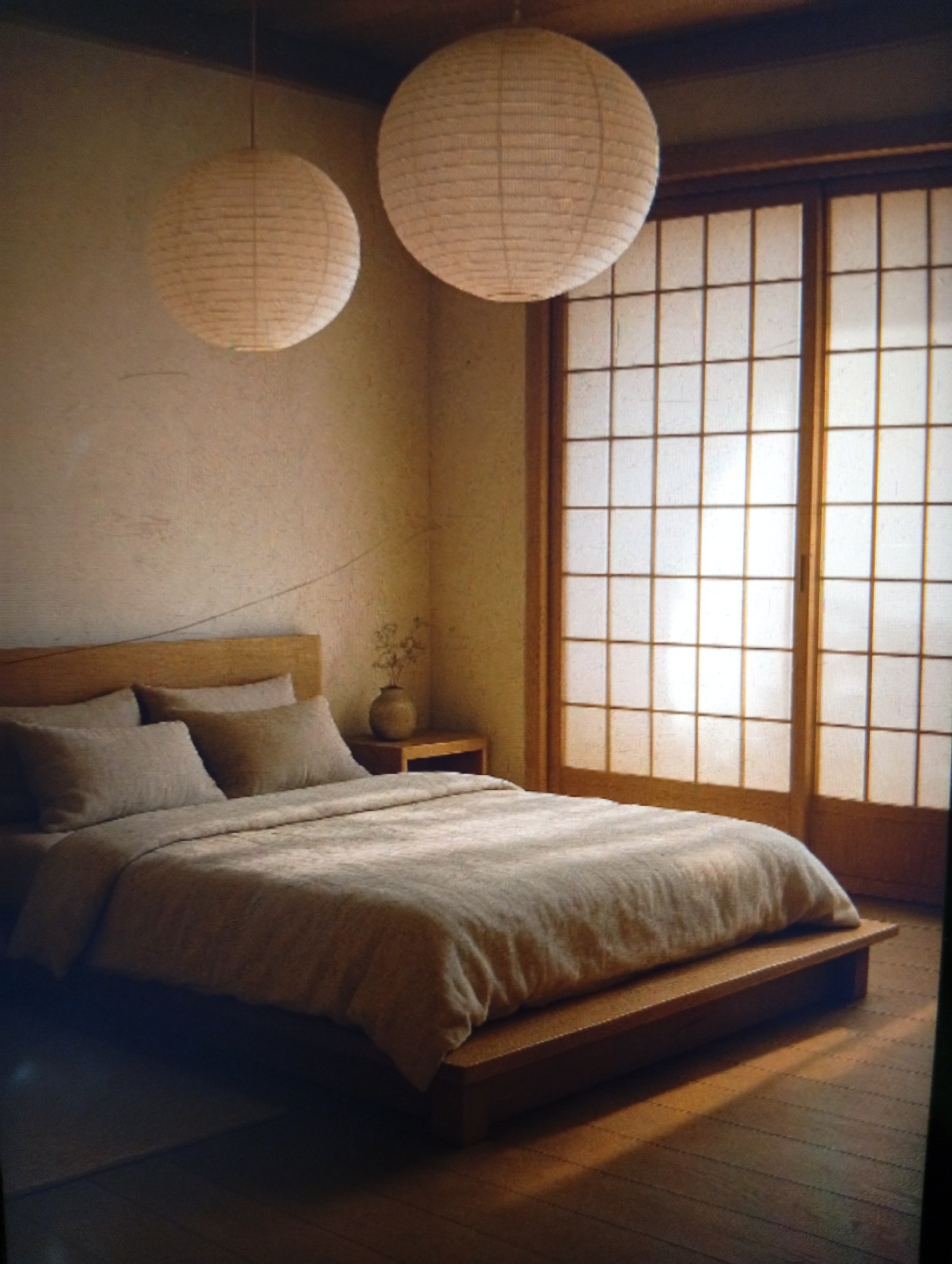 The image depicts a bedroom with a Japanese-inspired design. A low-platform bed is the central element, covered with a neutral-toned duvet. Pillows are arranged against a low headboard. To the right of the bed is a small wooden nightstand with a vase on top. Behind the bed, a set of shoji-style sliding doors allows light to enter the room. Two large, spherical paper lanterns hang from the ceiling, providing soft, diffused light. The overall color scheme is warm and muted, creating a calming atmosphere.
The provided location (Dutsen Alhaji, Nigeria) seems inconsistent with the style presented in the image. The bedroom's design is distinctly Japanese, which contrasts with the typical architecture and decor found in Nigeria. There is no visual indication within the image to support the claim that it is located in Dutsen Alhaji, Nigeria.