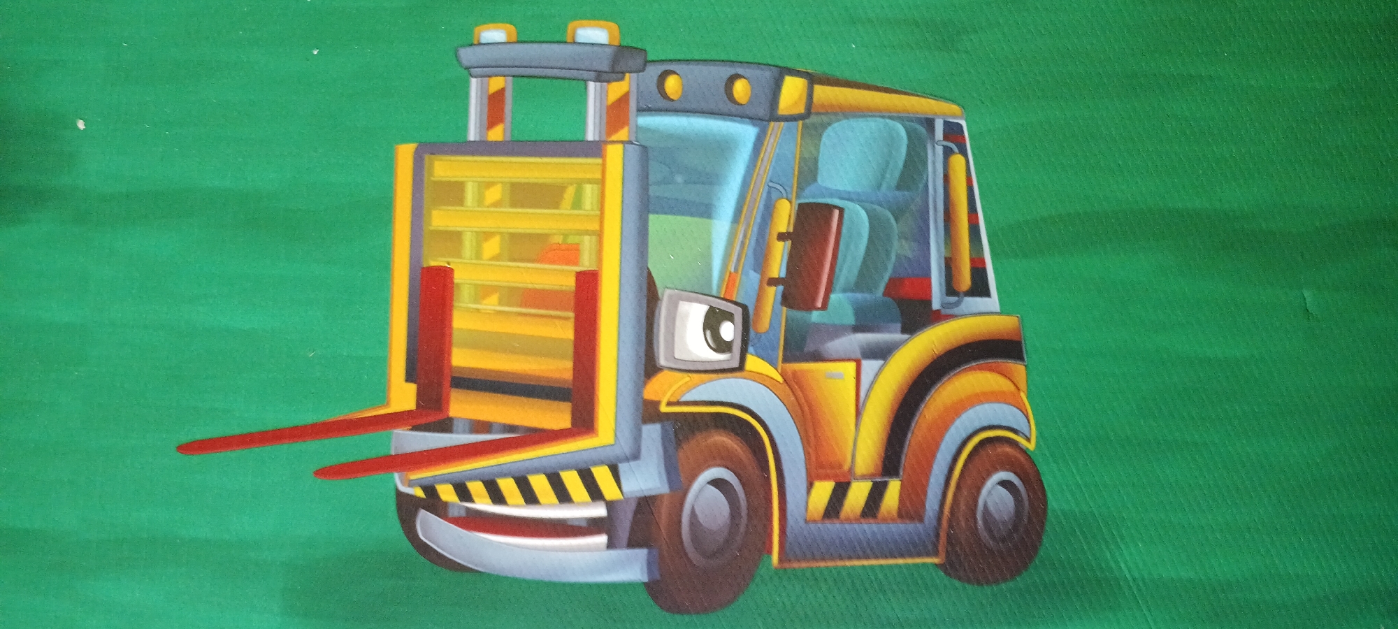 A brightly colored, stylized painting of a vehicle with a distinctive cartoonish design is depicted against a solid green background. The vehicle, which appears to be a type of truck or loader, is rendered with thick black outlines and a vibrant palette of yellow, orange, red, blue, and gray. It features large, rounded wheels, a detailed interior visible through translucent windows, and a construction-like apparatus at the rear. The artistic style is graphic and bold, with sharp angles and curved shapes used to define the vehicle's form. The green background is textured, suggesting it might be fabric or a similarly textured surface, and appears to have subtle variations in shade, possibly due to lighting or the material itself. There are no people or any discernible elements of a specific urban environment like Denpasar, Indonesia; the image is solely focused on the isolated, artistic representation of the vehicle.