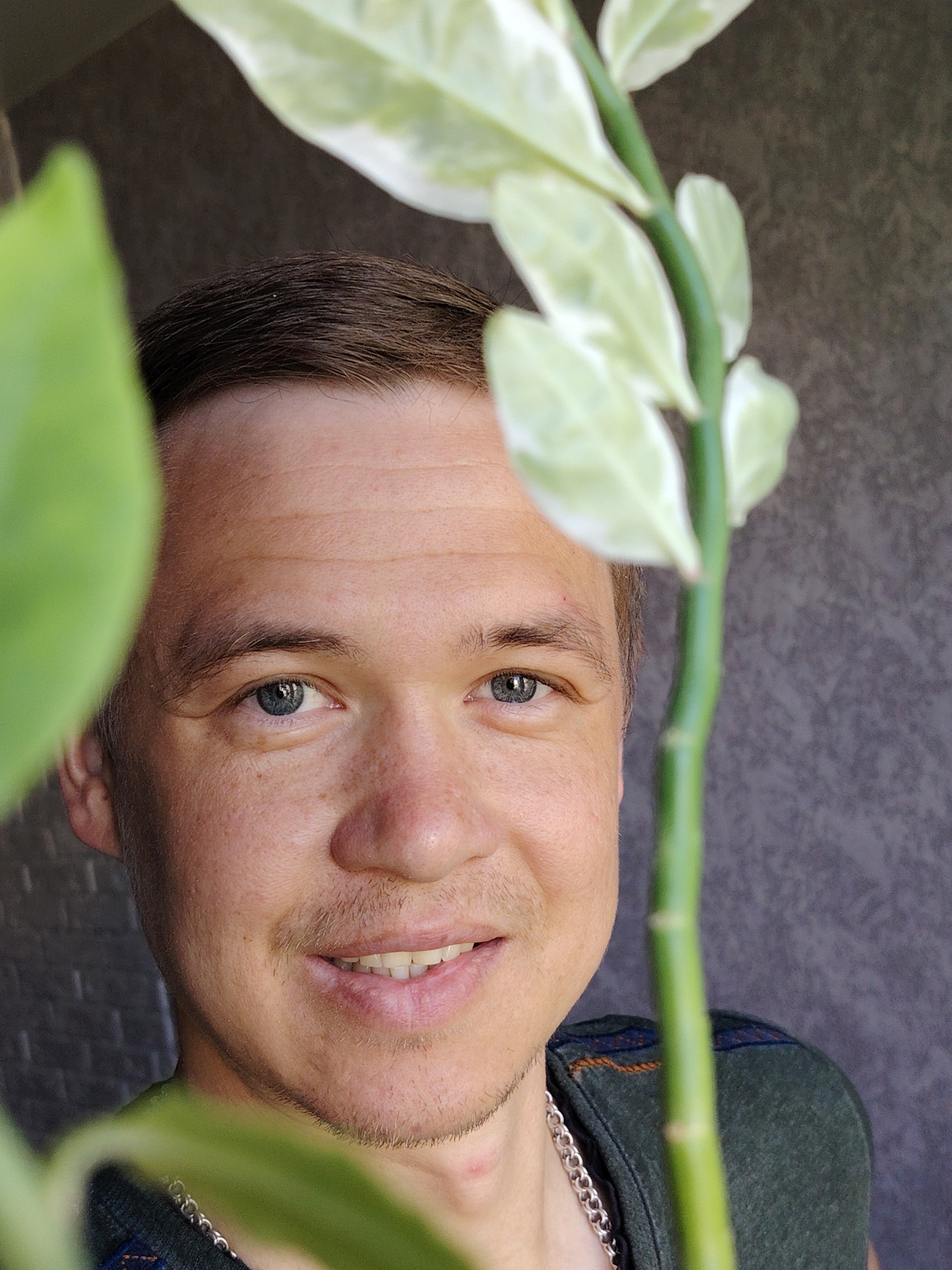A close-up of a man's face partially obscured by foliage. He has light brown hair, blue eyes, and a light complexion. He is smiling slightly. A green plant with variegated white and green leaves is positioned in front of his face on the right side of the frame. Another green plant partially obscures the left side of his face. The man wears a dark green shirt with patterned trim and a silver chain. The background is a textured grey wall. There is no information to indicate that this image was taken in the city of Chaikovsky, Russia.