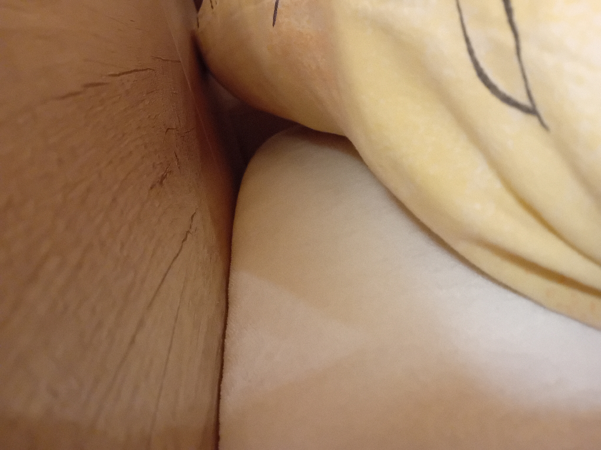The image displays an extreme close-up, high-angle shot of the interior of a bed. The left side of the frame shows a textured, light brown surface with visible grain patterns, resembling wood or a similar material, possibly the side of a bed frame. To the right of this surface, there is a crevice where a soft, pale beige material, likely a sheet or blanket, is tucked in. The rest of the frame is filled with a yellow fabric, appearing to be a duvet or comforter, with a dark, curved line pattern, suggestive of an abstract design or a stylized drawing. The lighting is soft and appears to be ambient room light, casting subtle shadows that highlight the textures of the fabrics and the grain of the side material. The scene is devoid of any human presence or activity. The specific location in the city of Zuberec, Slovakia, is not discernible from the provided image.