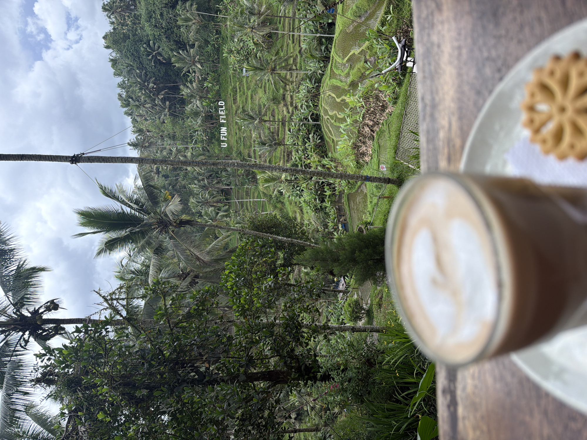 A latte in a glass and a flower-shaped cookie on a white plate sit on a wooden surface, with the backdrop of the Tegalalang Rice Terrace in Tegal Suci, Indonesia. The rice terraces are a series of stepped fields, with the inscription "U FUN FIELD" visible on one of the terraces. The area is densely populated with palm trees and other vegetation. The sky is overcast.