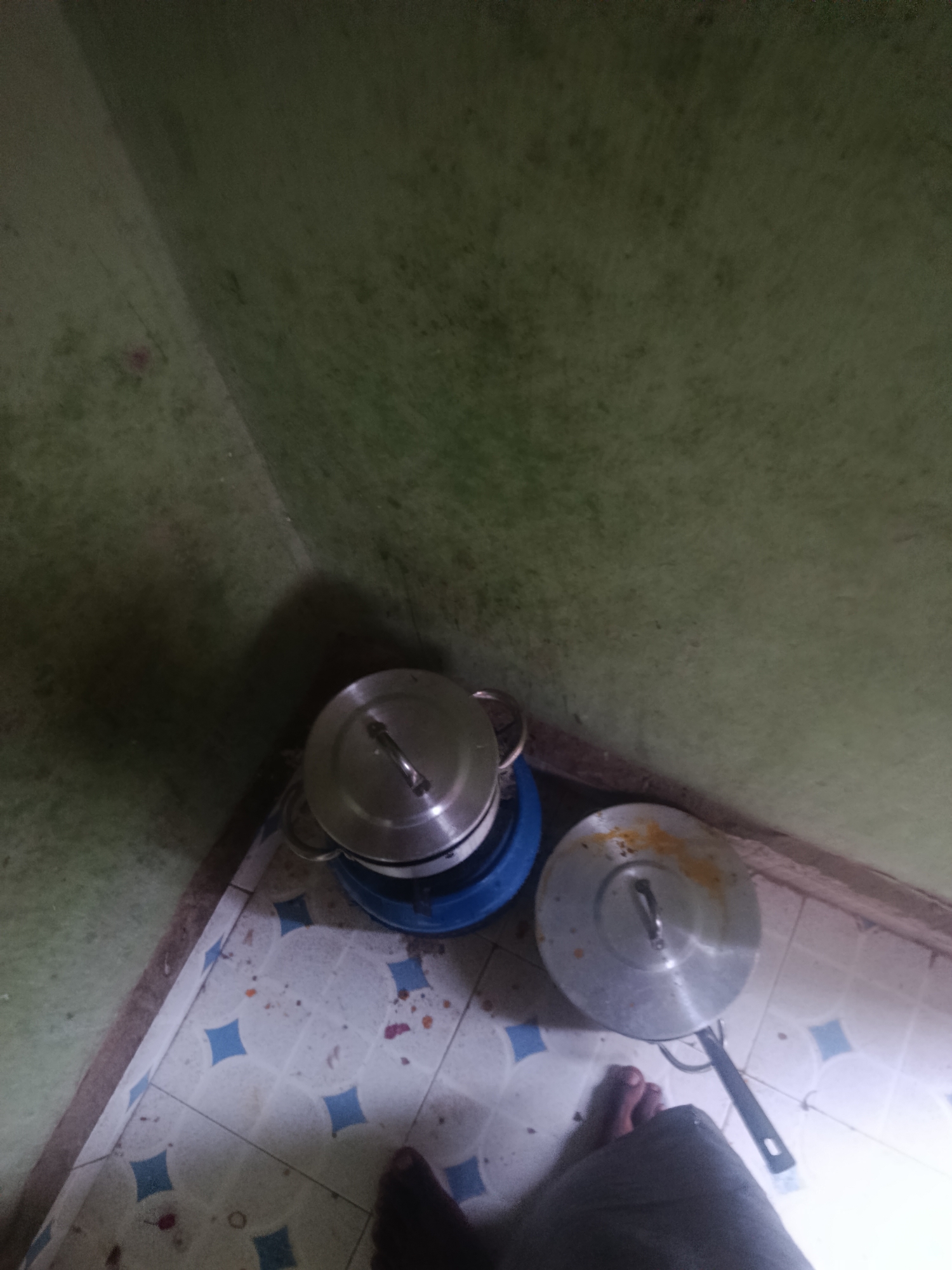 In a corner of a room, two cooking pots are visible on a patterned tile floor. The walls, painted a greenish hue, appear worn and stained. One pot, made of silver metal with a black handle, sits on a blue base. Another, larger silver pot with a lid is positioned next to it. A person's foot and lower leg are visible in the bottom right corner of the frame, suggesting their presence. The lighting is dim, casting shadows and highlighting the textures of the environment.