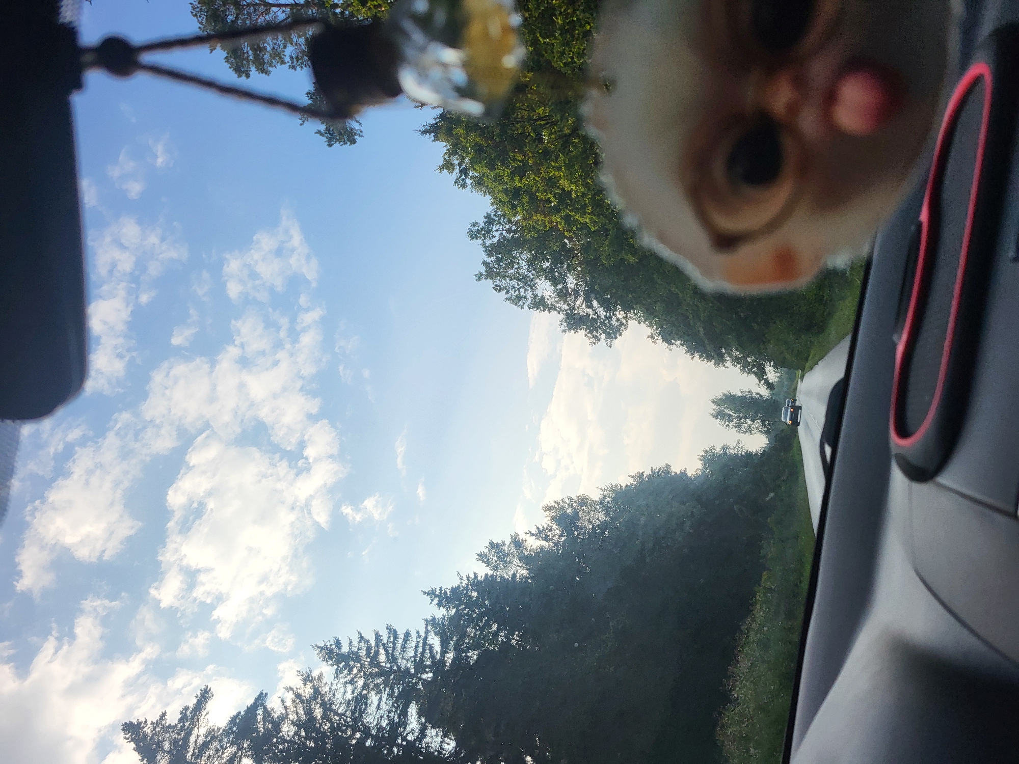 The image depicts a view from inside a car, looking forward through the windshield. In the foreground, a blurry, doll-like figure with glasses and its tongue sticking out is visible, hanging from the rearview mirror. The car is driving on a paved road lined with trees on both sides. The sky is blue with scattered white clouds. Two other cars are visible in the distance on the road. The scene suggests a daytime drive through a rural or forested area.