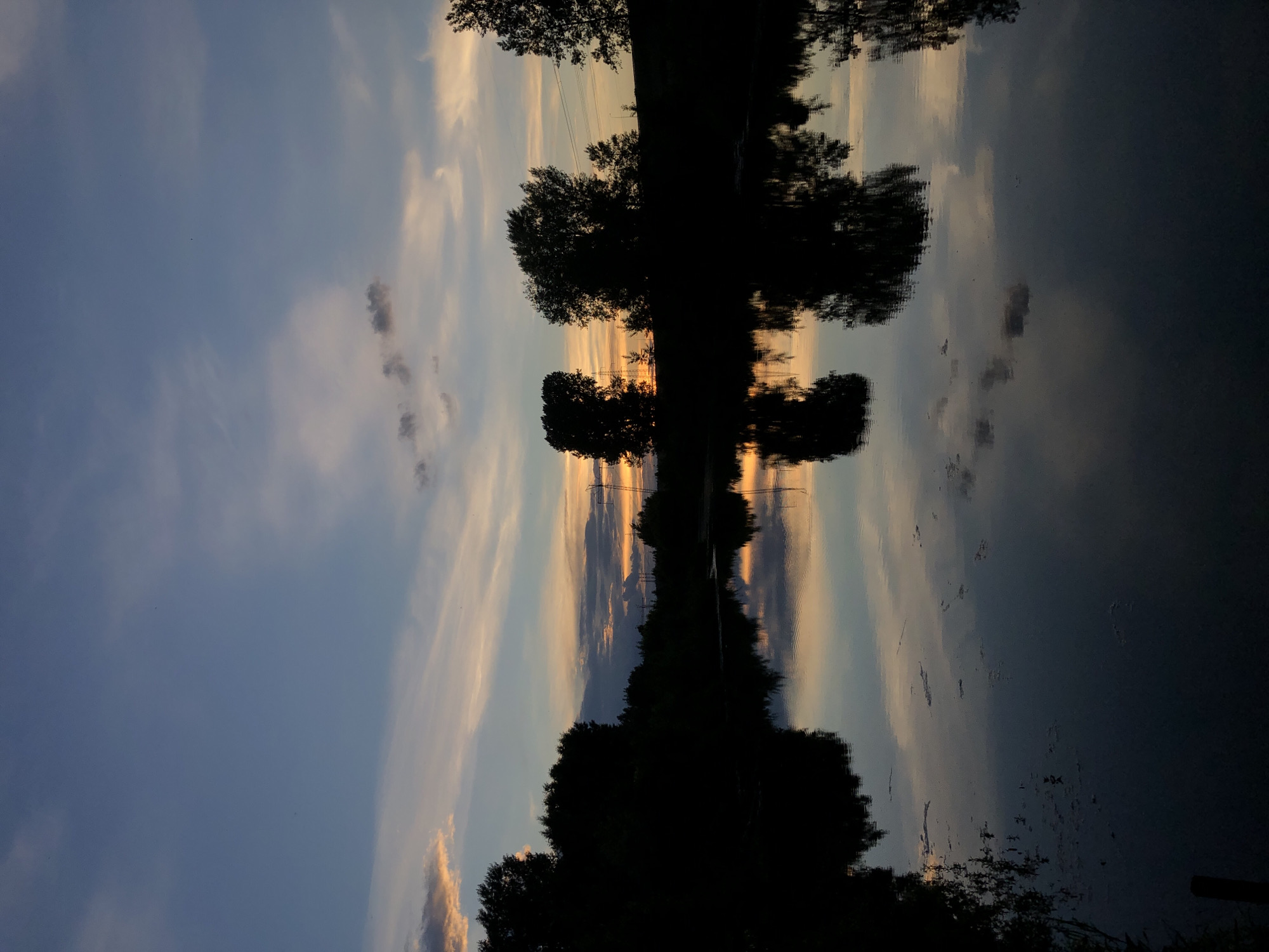 The image depicts a tranquil natural scene at dusk, likely in or near the city of Chaikovsky, Russia, characterized by a serene body of water reflecting a twilight sky. Silhouetted against the vibrant hues of sunset, a dense line of trees and vegetation forms the horizon. The sky is a gradient of deep blues and soft purples, streaked with wispy clouds illuminated by the last rays of the sun, which cast a warm orange and yellow glow near the horizon. The water's surface is calm, creating a near-perfect mirror image of the sky and the dark outlines of the trees. Small ripples disturb the reflection in some areas, adding a subtle texture to the water. The overall atmosphere is one of peaceful solitude and the natural beauty of the transition from day to night.