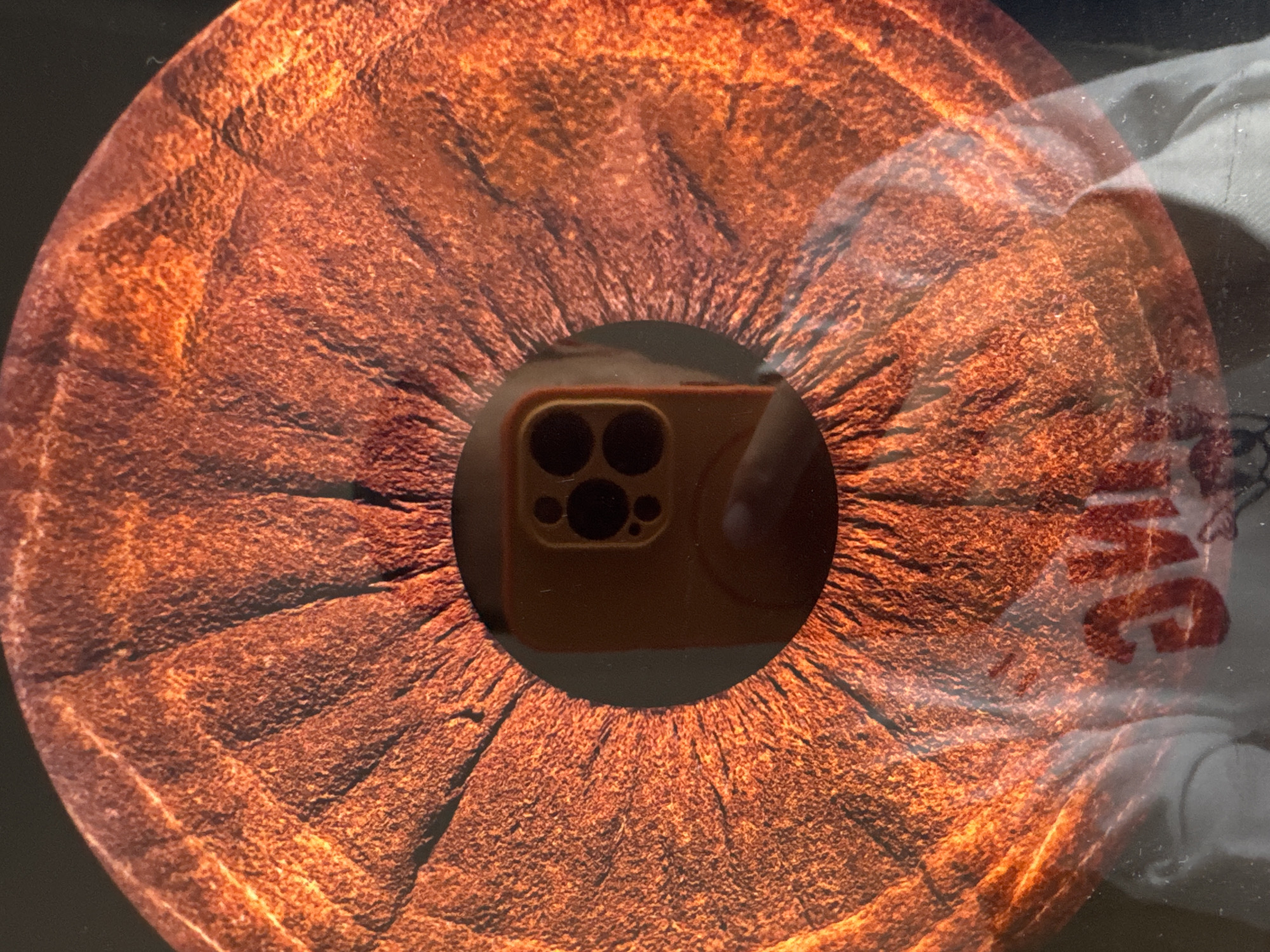 The image is a close-up, abstract shot of an iris, with a bright orange and red color palette, textured with radial lines. In the center of the iris, a black pupil is visible. Reflected within the pupil, an orange smartphone with a triple-lens camera system is discernible. A hand holding the phone can also be seen. Below the iris, the reflection of a white t-shirt with red lettering is visible. The background is dark. The image does not provide any information about the city of Nha Trang Ward, Vietnam.
