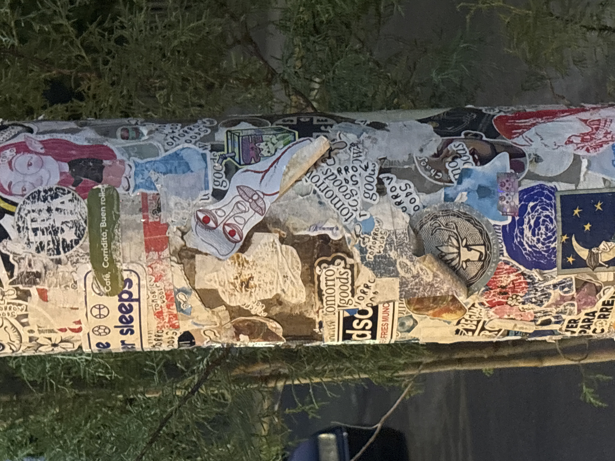 Here's a detailed description of the image:
**General Description:** The image shows a close-up of a horizontal pole densely covered in stickers. The pole is positioned at an angle, running roughly from the upper-left to the lower-right corner of the frame. The background includes green foliage both above and below the pole, partially obscuring the view. The pole is in Puebla, Mexico.
**Subjects and Objects:**
* **Stickers:** The dominant feature of the image is the collection of stickers covering the pole. They are of various shapes, sizes, colors, and designs. Some stickers are torn, faded, or partially peeled off, indicating age and wear. The stickers have many different themes. Some stickers appear to be advertising things like "tomorrow goods", "e/er sleeps", and "Café, Corridita, Buen rollo", and also include other graphics and words.
* **Pole:** It appears to be made of metal, potentially steel or aluminum, and serves as a support for an unknown structure.
* **Foliage:** Green foliage is visible behind the pole, suggesting the presence of trees or bushes.
* **Lighting:** The lighting in the image seems somewhat dim and uneven, with shadows suggesting the photo was taken in the evening or under overcast conditions.
**Environment:**
* **Setting:** The setting appears to be outdoors, likely in an urban or semi-urban area, given the presence of a pole and nearby foliage.
**Overall Impression:** The image provides a glimpse into a small urban environment, where people may express themselves through stickers on public infrastructure. The collection of stickers represents a collage of various ideas, messages, and personal expressions.