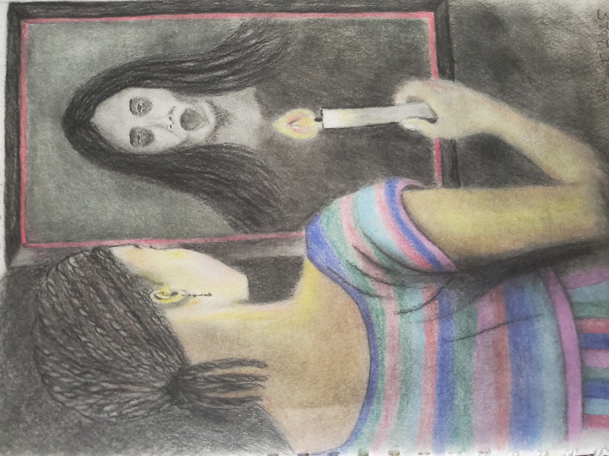 A drawing depicts a woman holding a lit candle towards a framed image of a screaming figure with long, dark hair. The woman has dark hair in a low ponytail and wears a striped shirt. The setting is dark and undefined. There is no indication of the city of Mararaba, Nigeria in the image.