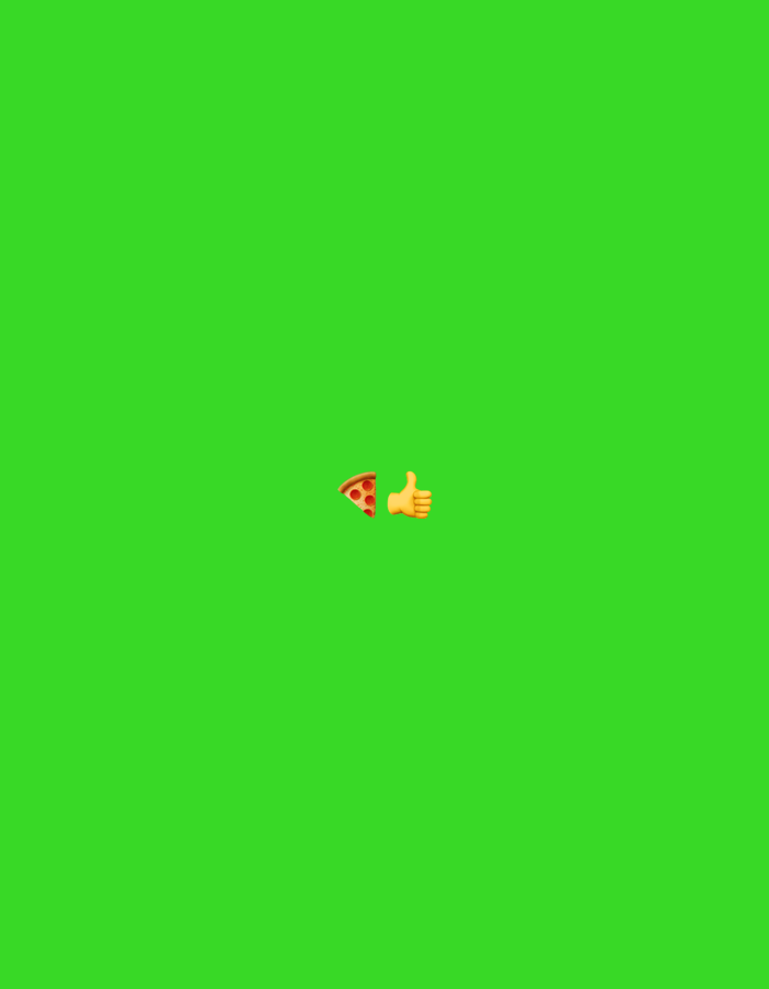 A green background with a pizza slice emoji and a thumbs up emoji centered near the middle. No information suggests a location in Buenos Aires, Argentina.