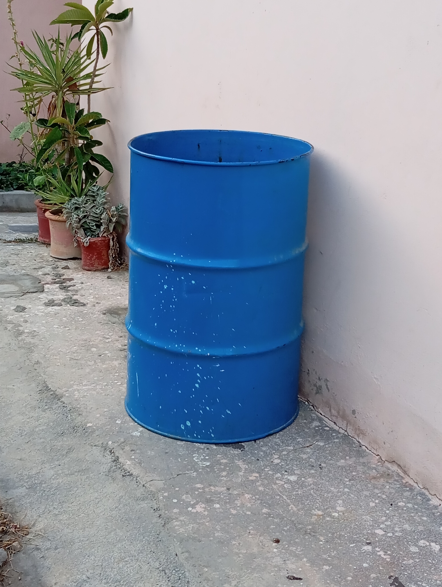 A blue metal barrel stands on a concrete patio next to a cream-colored wall. The barrel has three raised bands around its circumference and is speckled with white paint. To the left of the barrel are several potted plants, including a tall leafy plant and a smaller succulent. The concrete patio is cracked and weathered.