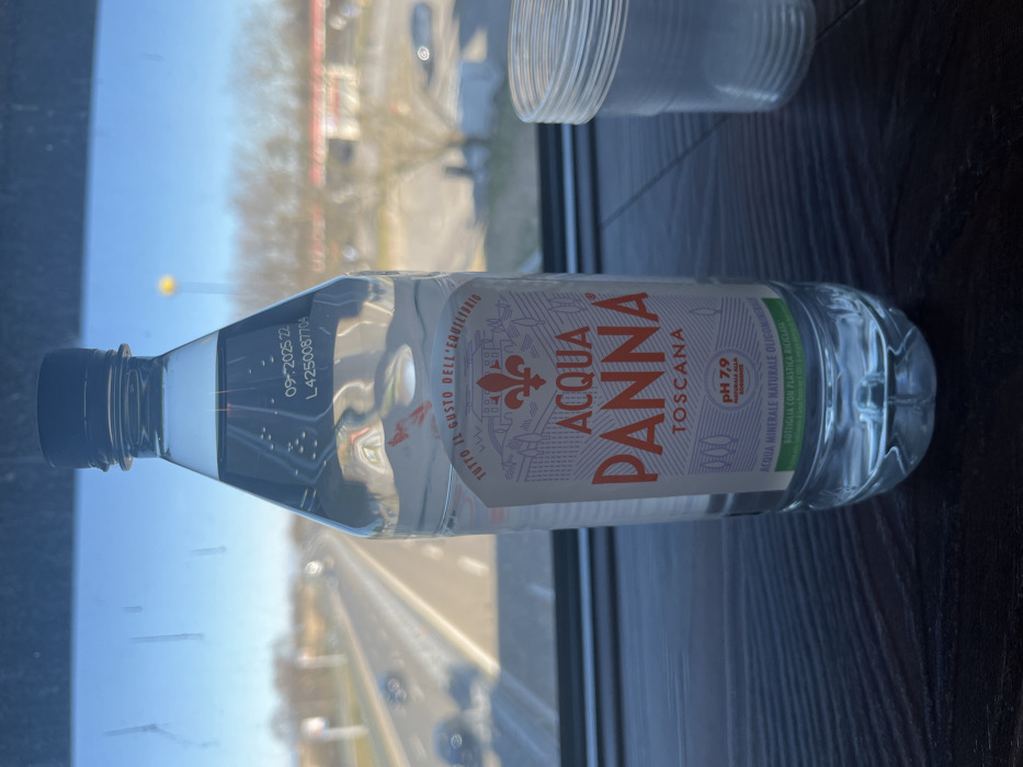 This image features a plastic bottle of Acqua Panna natural mineral water, positioned indoors on a dark surface next to a window. The bottle is the main subject, and behind it, a clear plastic cup or container is also visible, out of focus. The scene is set in Dorno, Italy, looking out onto a daytime view through the window.
The background, seen through the window, shows an out-of-focus outdoor environment with bright sunlight, suggesting clear weather. A road or street is visible, with hints of vehicles, trees, and buildings further in the distance. The lighting indicates it is daytime.
Notable text on the water bottle includes:
- A date "09- 2025 22" and a lot number "L4250087704", likely indicating an expiration date and production code.
- The brand name "ACQUA PANNA TOSCANA" (Acqua Panna from Tuscany).
- A slogan "TUTTO IL GUSTO DELL'EQUILIBRIO" which translates to "All the taste of balance".
- Information about the water: "pH 7,9 NATURALE ACQUA MINERALE NATURALE OLIGOMINERALE" (pH 7.9 Natural Oligomineral Natural Mineral Water).
- An environmental note: "BOTTIGLIA CON PLASTICA RICICLAIR", indicating the bottle is made with recycled plastic.