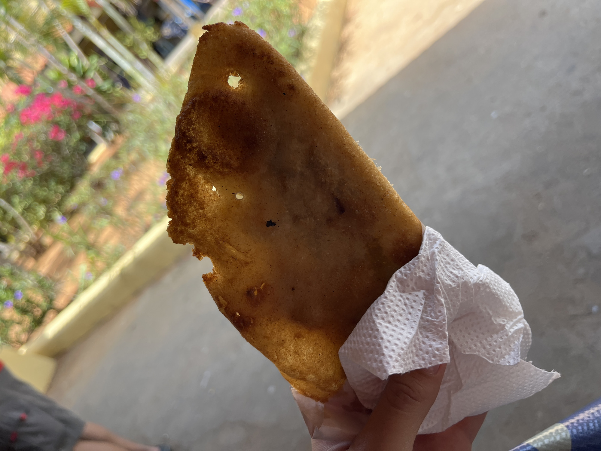 A person holds an empanada wrapped in a white paper napkin in their hand. The fried dough pocket has an irregular shape and a golden-brown color, with a small hole near its top edge. Part of the empanada has been bitten off. The background includes a blurry view of a building or structure and some greenery with colorful flowers. The setting likely in the city of El Valle del Espíritu Santo, Venezuela.