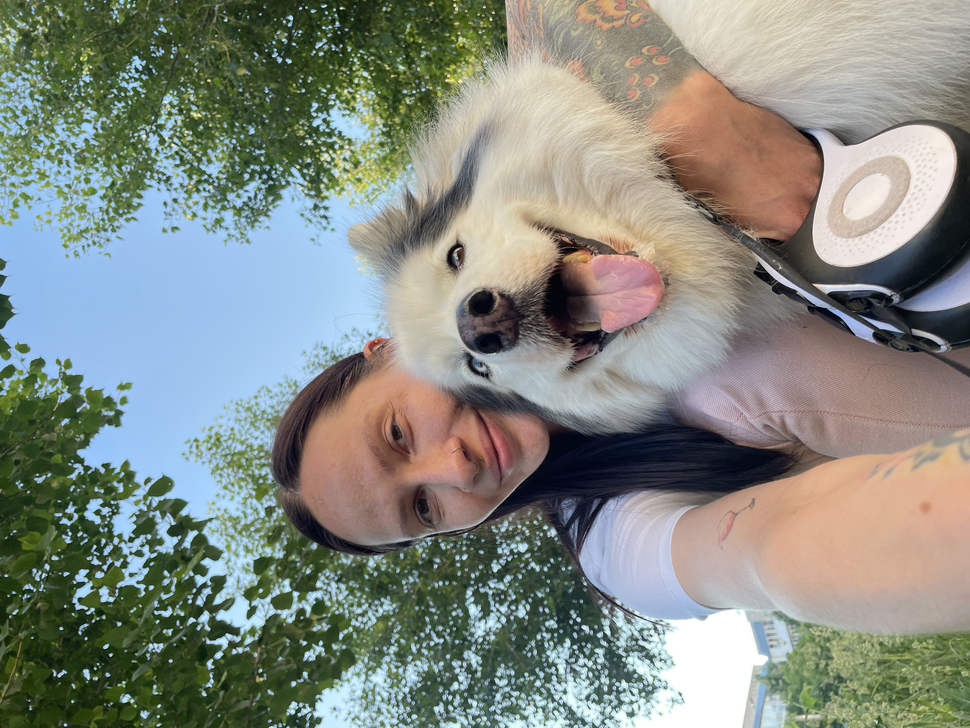 A woman with dark hair and a nose ring is taking a selfie outdoors with her dog. She is wearing a white t-shirt and a pink jacket. Her arm, which is visible in the foreground, has several tattoos, including a small glass of wine. The dog, a fluffy white and grey husky-type breed, is held close to her and appears happy, with its tongue out. The background shows trees and a bright blue sky, suggesting a park or outdoor recreational area. In the distance, there are buildings visible, indicating an urban setting. The leash for the dog is visible in the woman's hand.