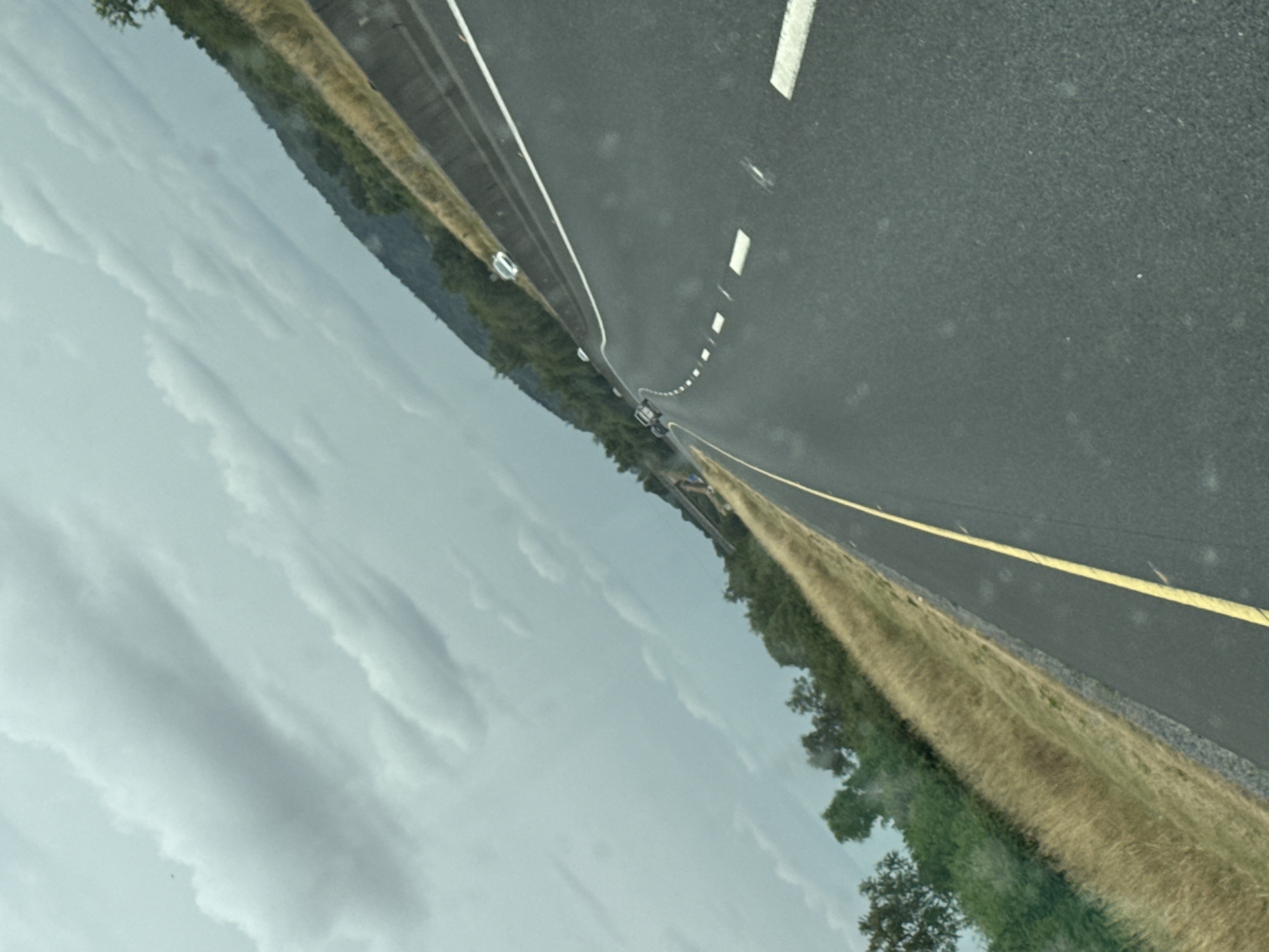 The image depicts a slightly tilted, daytime view of a two-lane highway. The road surface is dark asphalt with a solid yellow line marking the left lane and dashed white lines indicating lane separation. The highway curves to the right in the distance. To the left of the road, a grassy embankment slopes upwards, covered in dry, yellowish grass and interspersed with green bushes and trees. Beyond the embankment, a hill covered in dense green foliage rises, with a darker, possibly forested area at its peak. The sky is overcast with heavy, grey clouds that fill the upper portion of the frame. In the distance, on the highway, several vehicles are visible, including a white car in the right lane and other cars further ahead. The image appears to have been taken from a moving vehicle, suggesting a travel context. The overall atmosphere is subdued due to the cloudy weather. The image context places the scene on a highway near Newrath, Ireland.